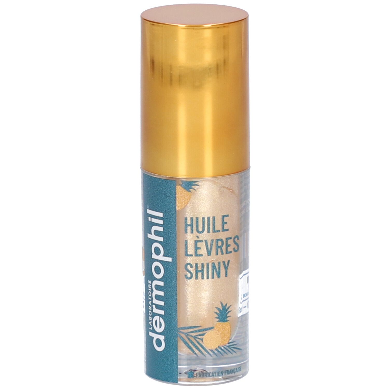 Flacon transparent avec bouchon doré. Inscription: Huile Lèvres Shiny, dermophil.