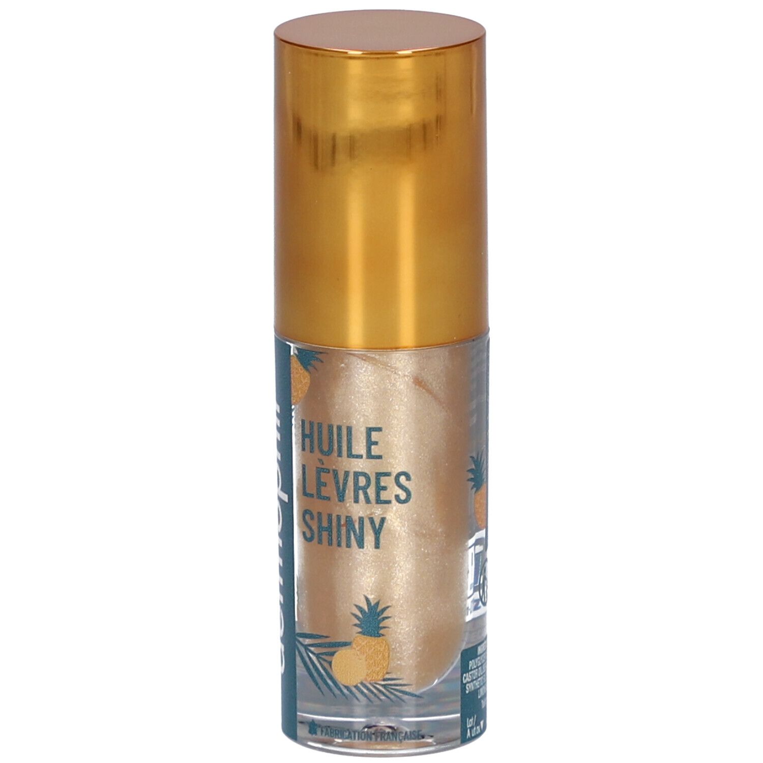 Flacon transparent avec bouchon doré. Inscription: Huile Lèvres Shiny, dermophil.