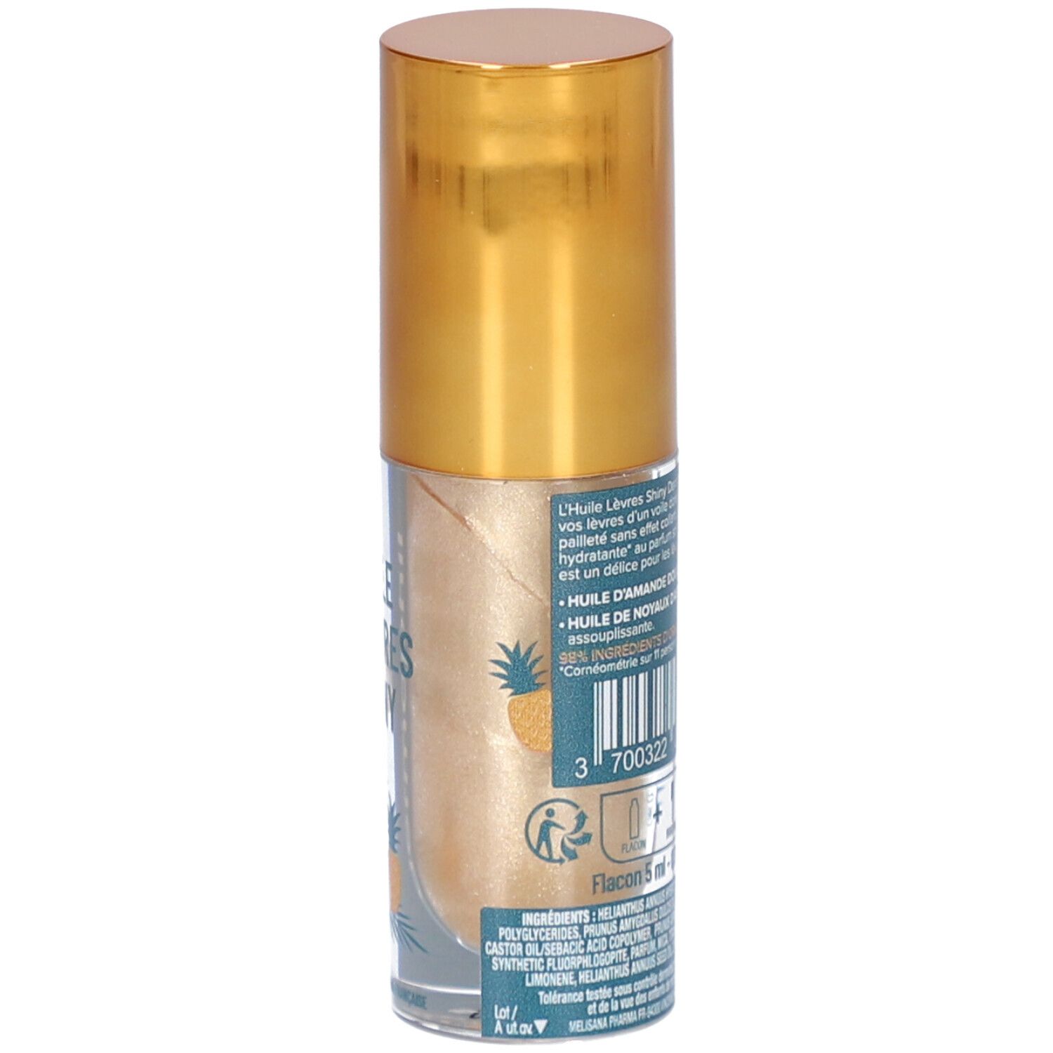 Dos du flacon avec bouchon doré. Inscription: Huile Lèvres Shiny, dermophil. Liste des ingrédients et code-barres.