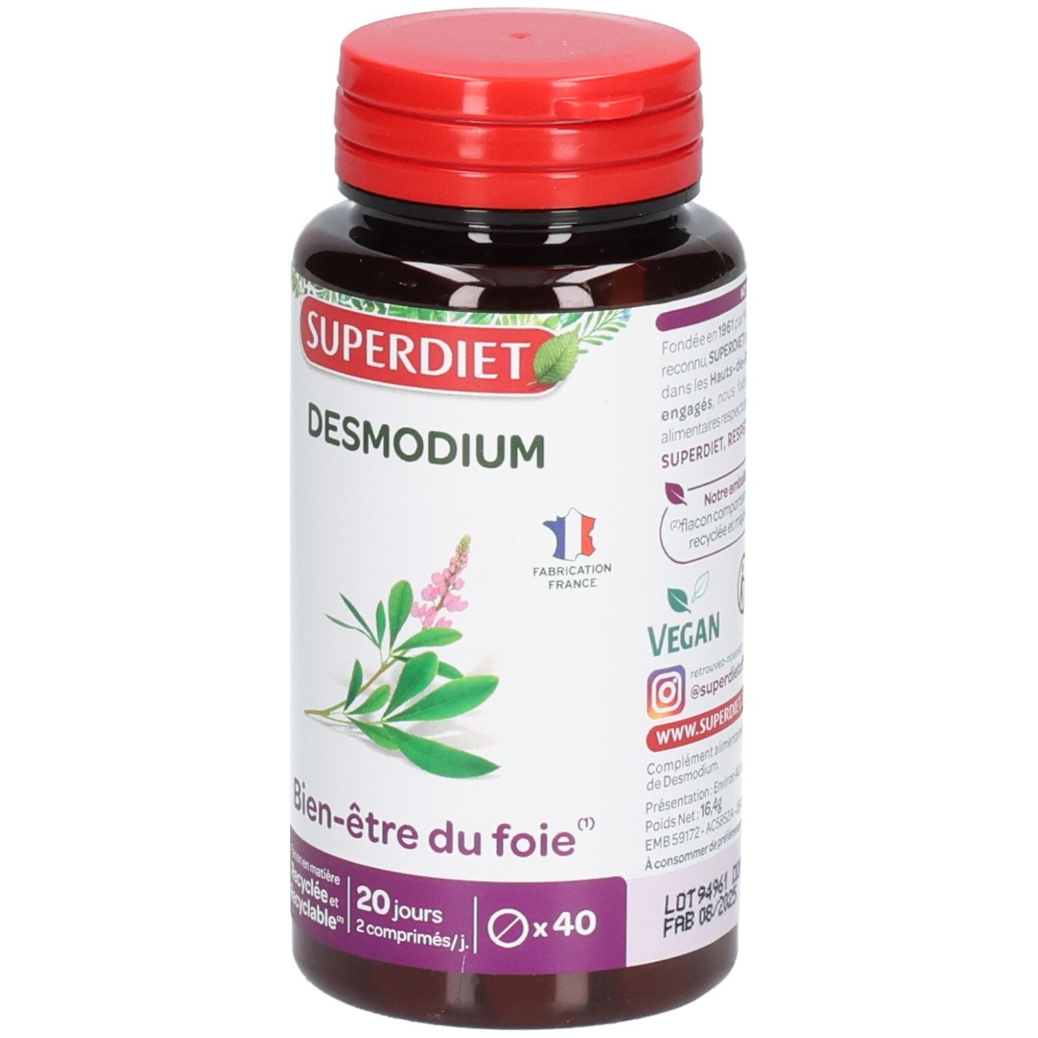 Flacon brun à bouchon rouge. Inscription: SUPERDIET Desmodium. Illustration végétale. Texte: Bien-être du foie. Logo Vegan.