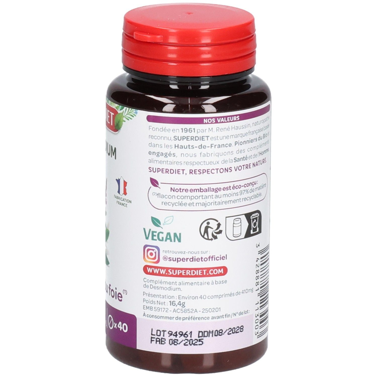 Dos du flacon. Sections de texte informatives. Inscription: SUPERDIET Desmodium. Logo Vegan. Informations sur le produit.