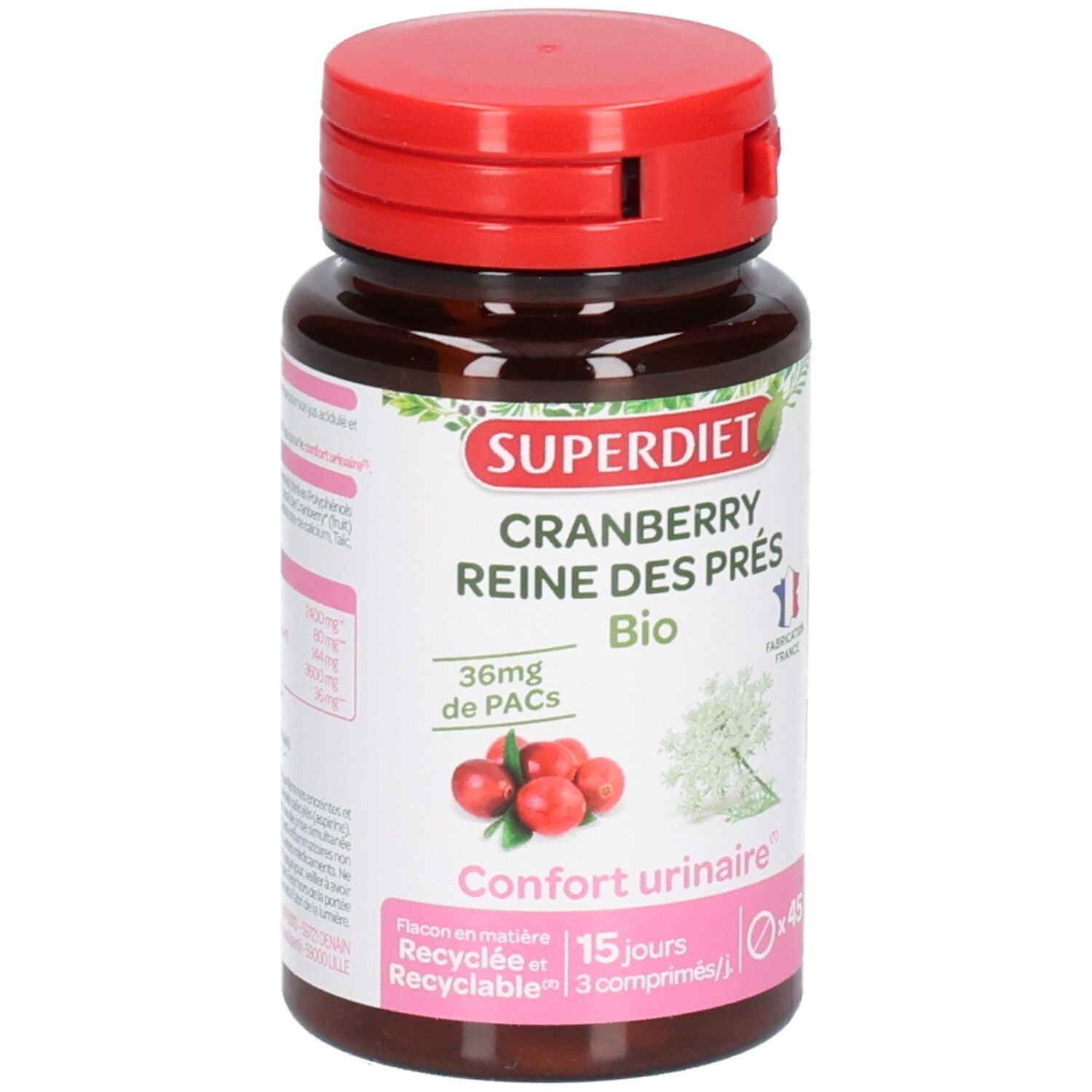Flacon brun, bouchon rouge. Inscription: SUPERDIET Cranberry Reine des Prés Bio. 36mg de PACs. Confort urinaire. 45 gélules.