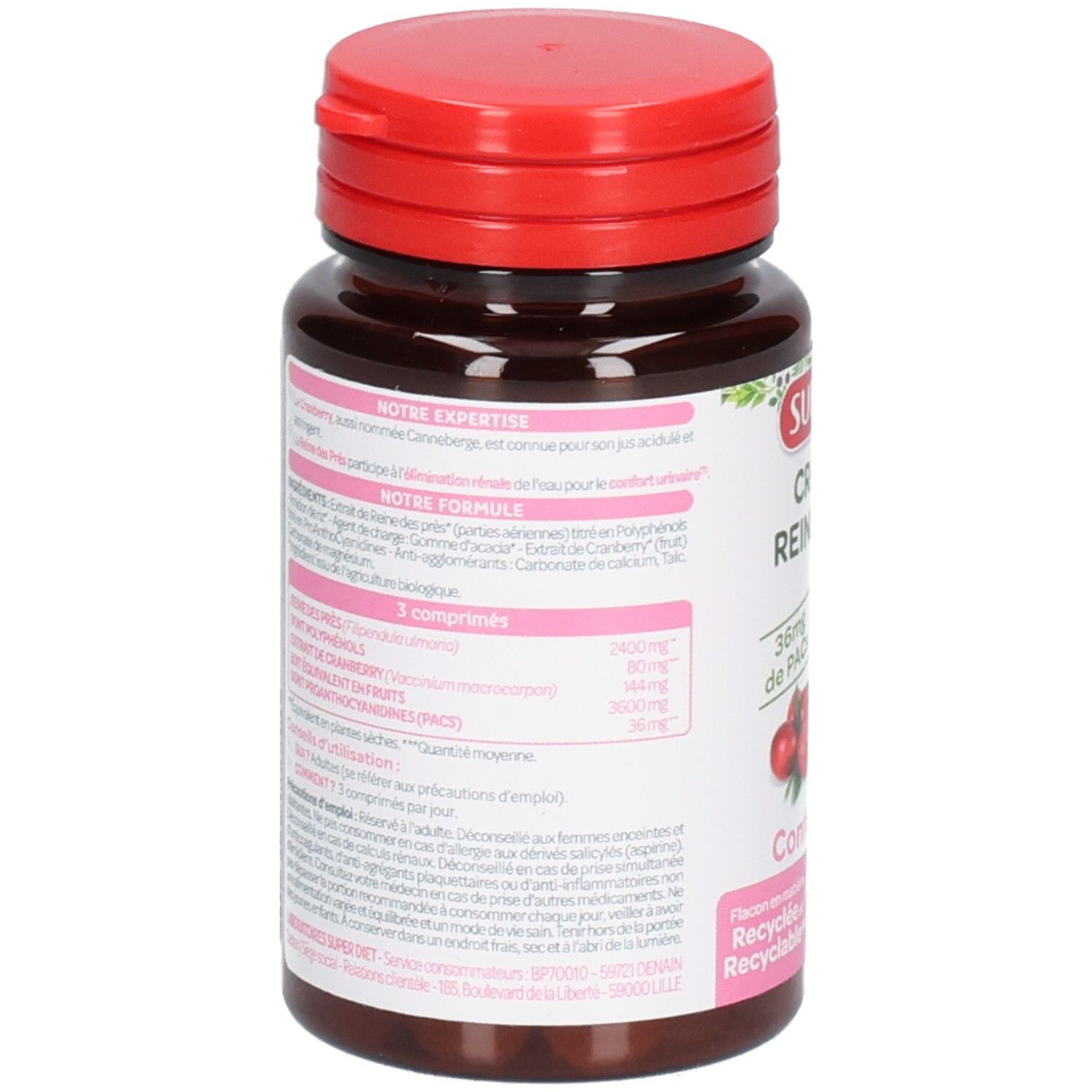 Dos du flacon. Texte: ingrédients, mode d'emploi, avertissements. SUPERDIET Cranberry Reine des Prés Bio. 36mg de PACs.