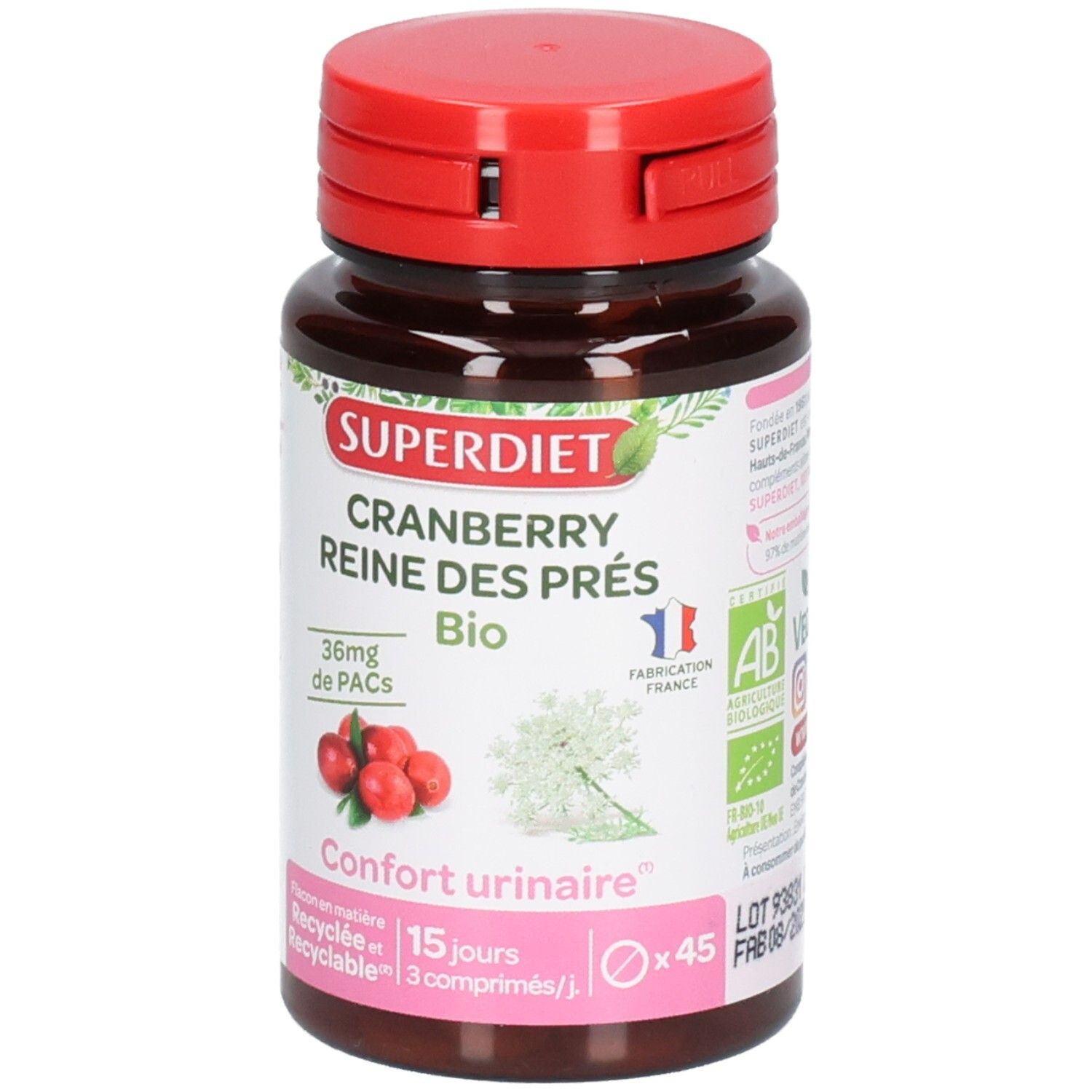 Flacon brun, bouchon rouge. Inscription: SUPERDIET Cranberry Reine des Prés Bio. 36mg de PACs. Confort urinaire. Label AB.