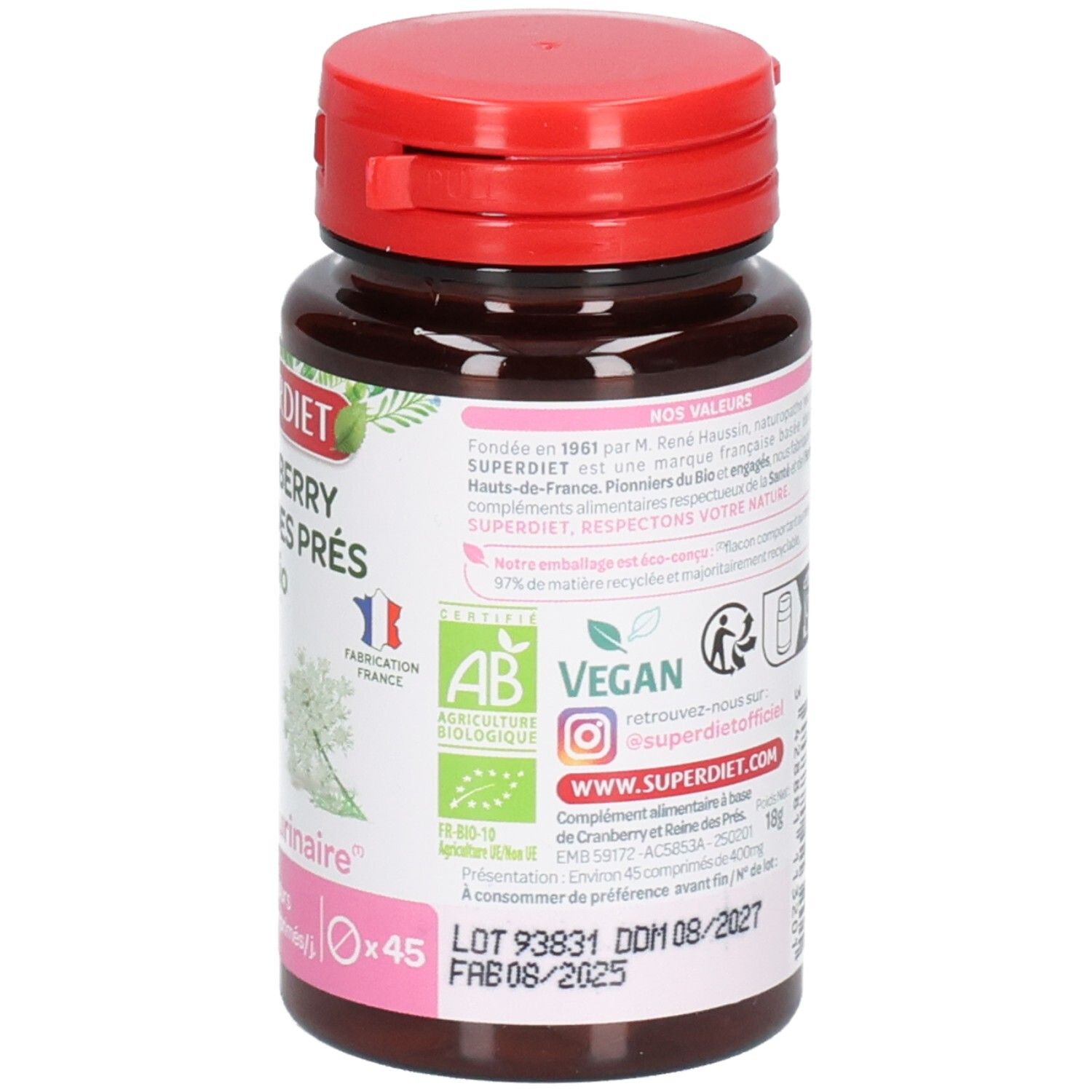 Dos du flacon. Texte: SUPERDIET, label AB, label Vegan, logo Instagram, numéro de lot, date de péremption.