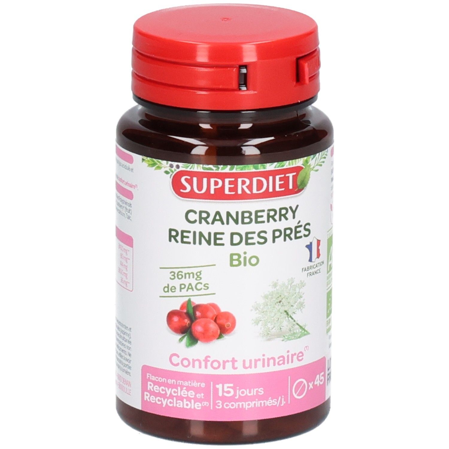 Flacon brun, bouchon rouge. Inscription: SUPERDIET Cranberry Reine des Prés Bio. 36mg de PACs. Confort urinaire. 45 gélules.