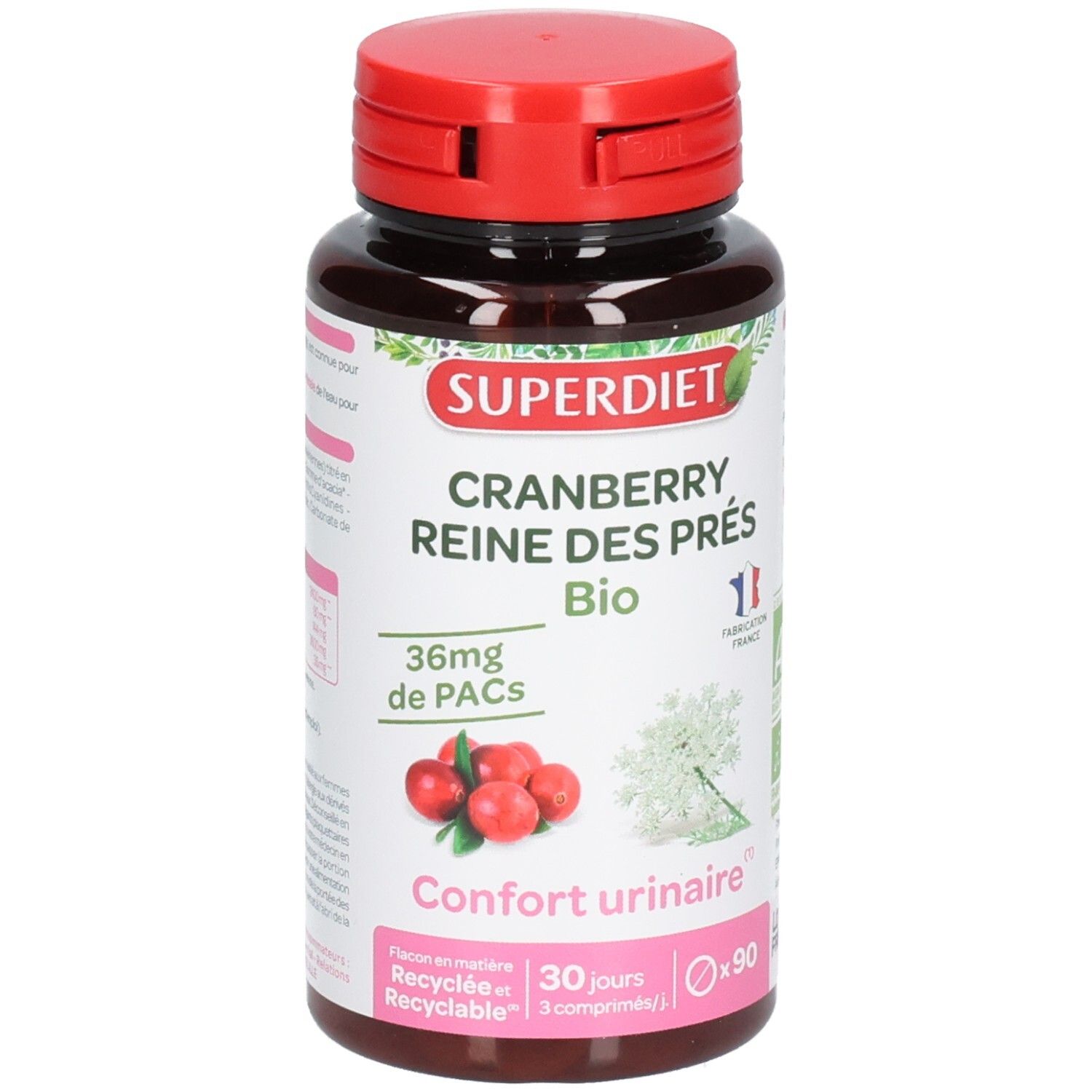 Flacon brun, bouchon rouge. Inscription: SUPERDIET CRANBERRY REINE DES PRÉS Bio. 90 comprimés. Illustration de cranberry.