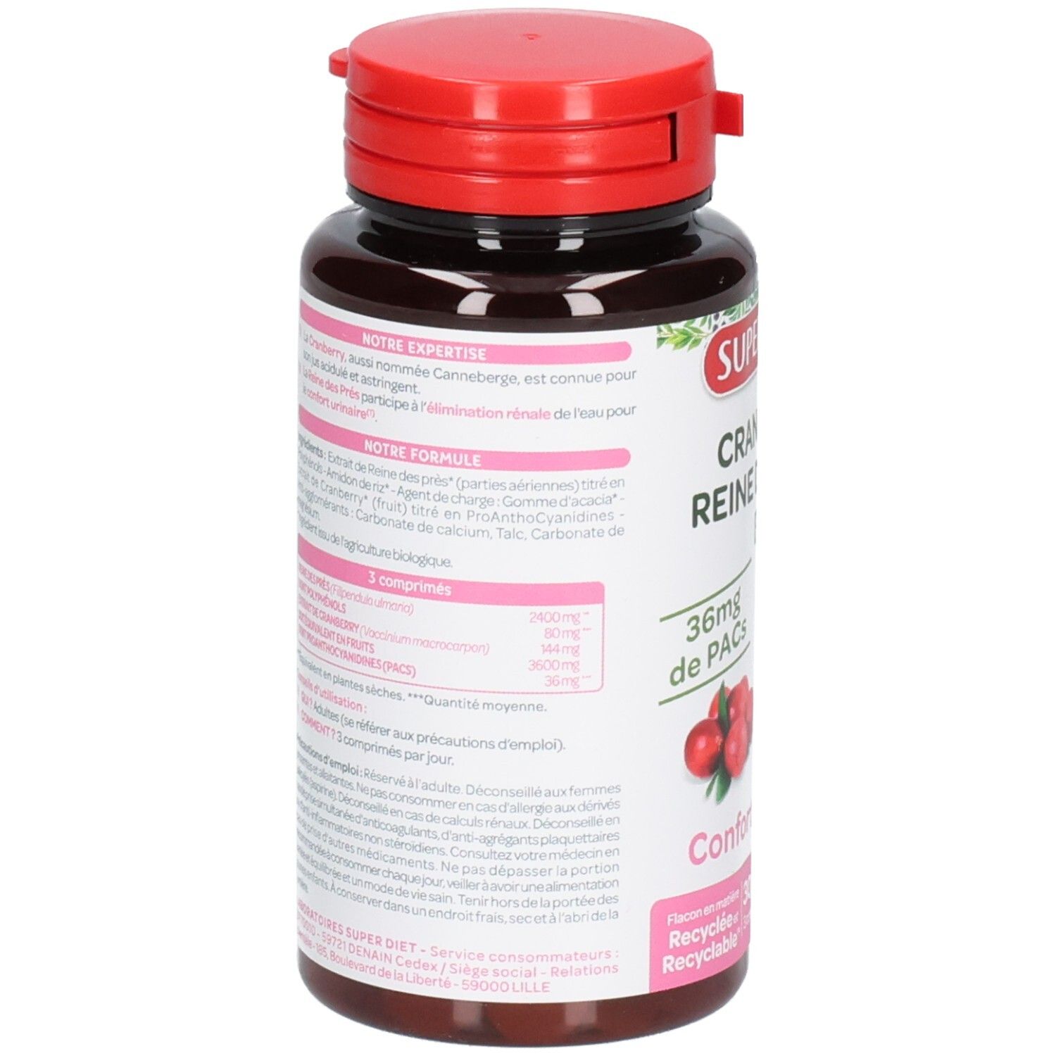 Dos du flacon. Informations textuelles. Inscription: SUPERDIET. Illustration de cranberry. Bouchon rouge. Flacon brun.