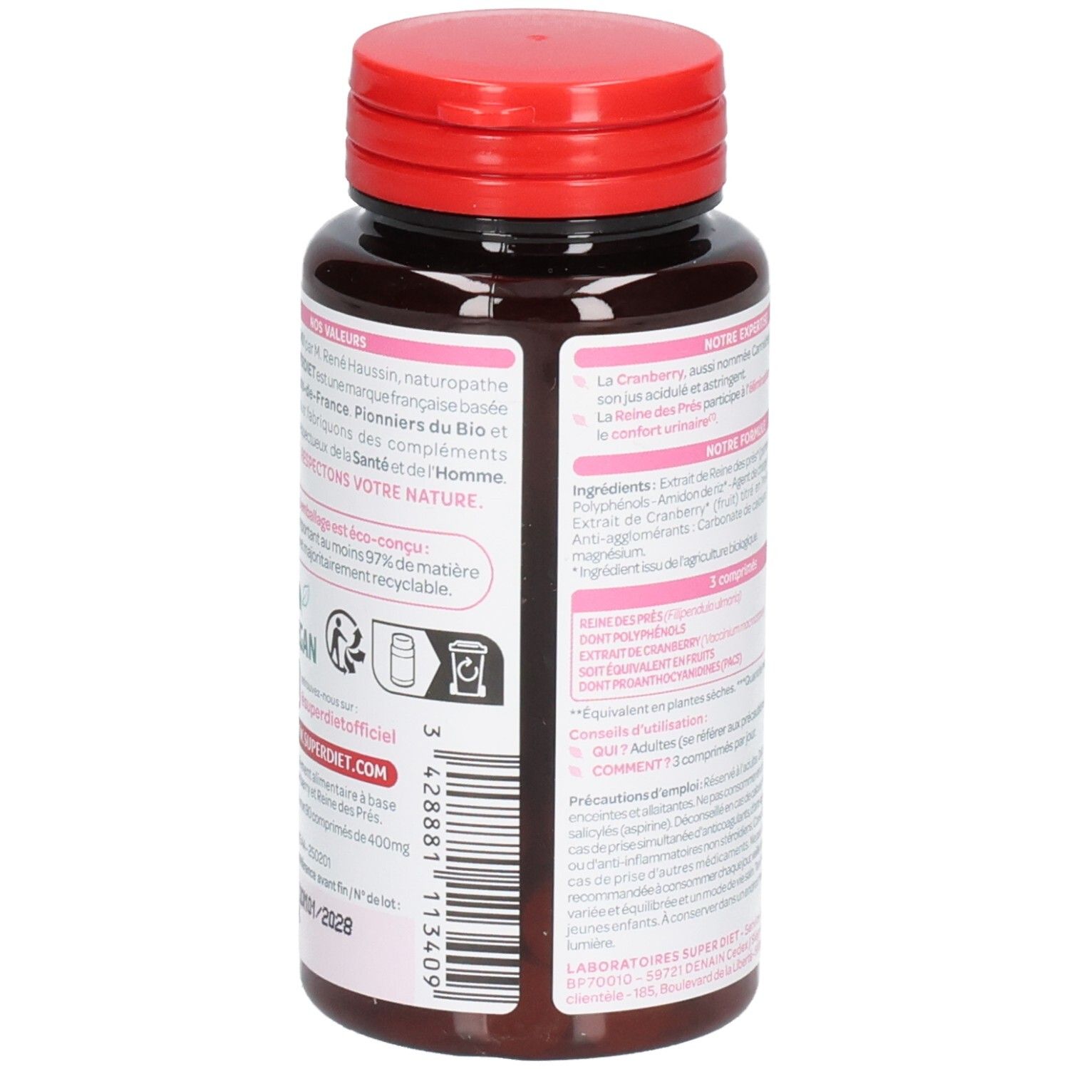 Dos du flacon. Informations textuelles. Code-barres. Inscription: SUPERDIET. Bouchon rouge. Flacon brun.