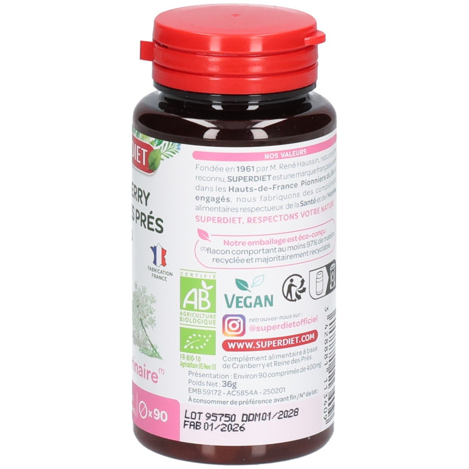 Dos du flacon. Informations textuelles. Label Bio. Label Vegan. Inscription: SUPERDIET. Bouchon rouge. Flacon brun.