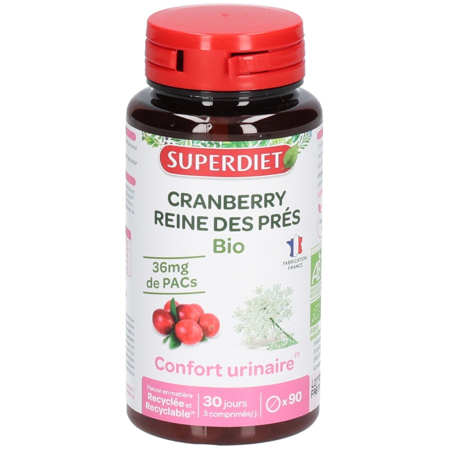 Flacon brun, bouchon rouge. Inscription: SUPERDIET CRANBERRY REINE DES PRÉS Bio. 90 comprimés. Illustration de cranberry.