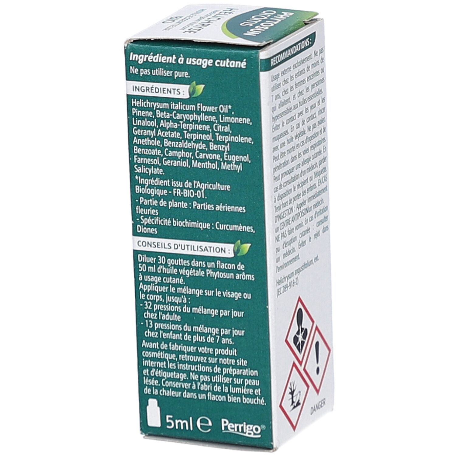 Côté de la boîte avec ingrédients et conseils d'utilisation. Volume: 5 ml. Logo Perrigo.