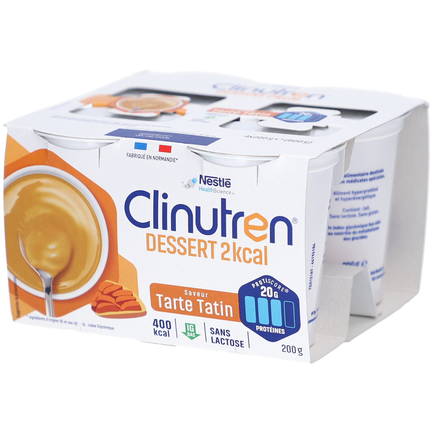 Emballage de quatre desserts Clinutren 2 kcal, saveur Tarte Tatin. Contient 20g de protéines, 400 kcal, sans lactose.
