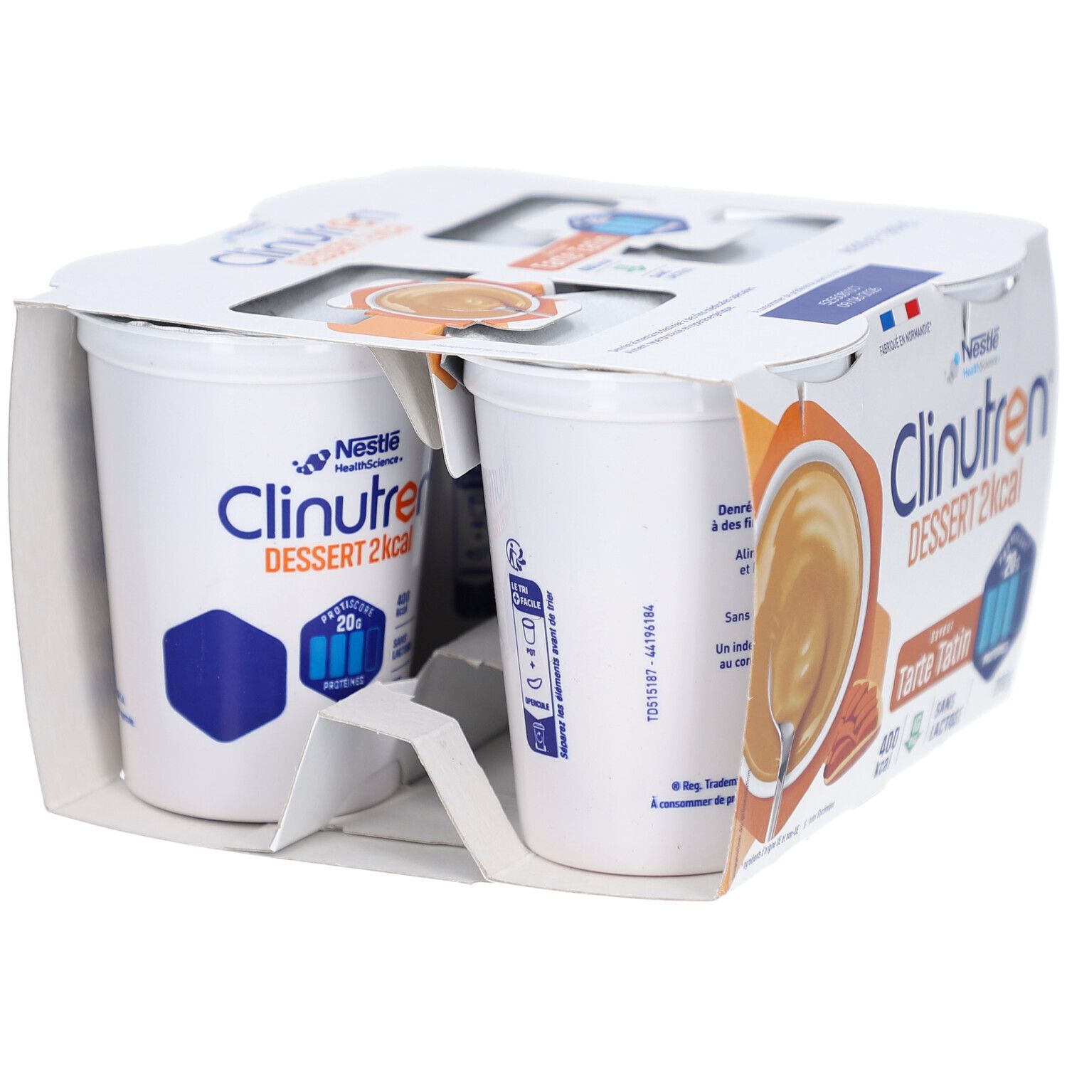 Emballage de quatre desserts Clinutren 2 kcal, saveur Tarte Tatin. Gobelets blancs, avec logo et informations produit.