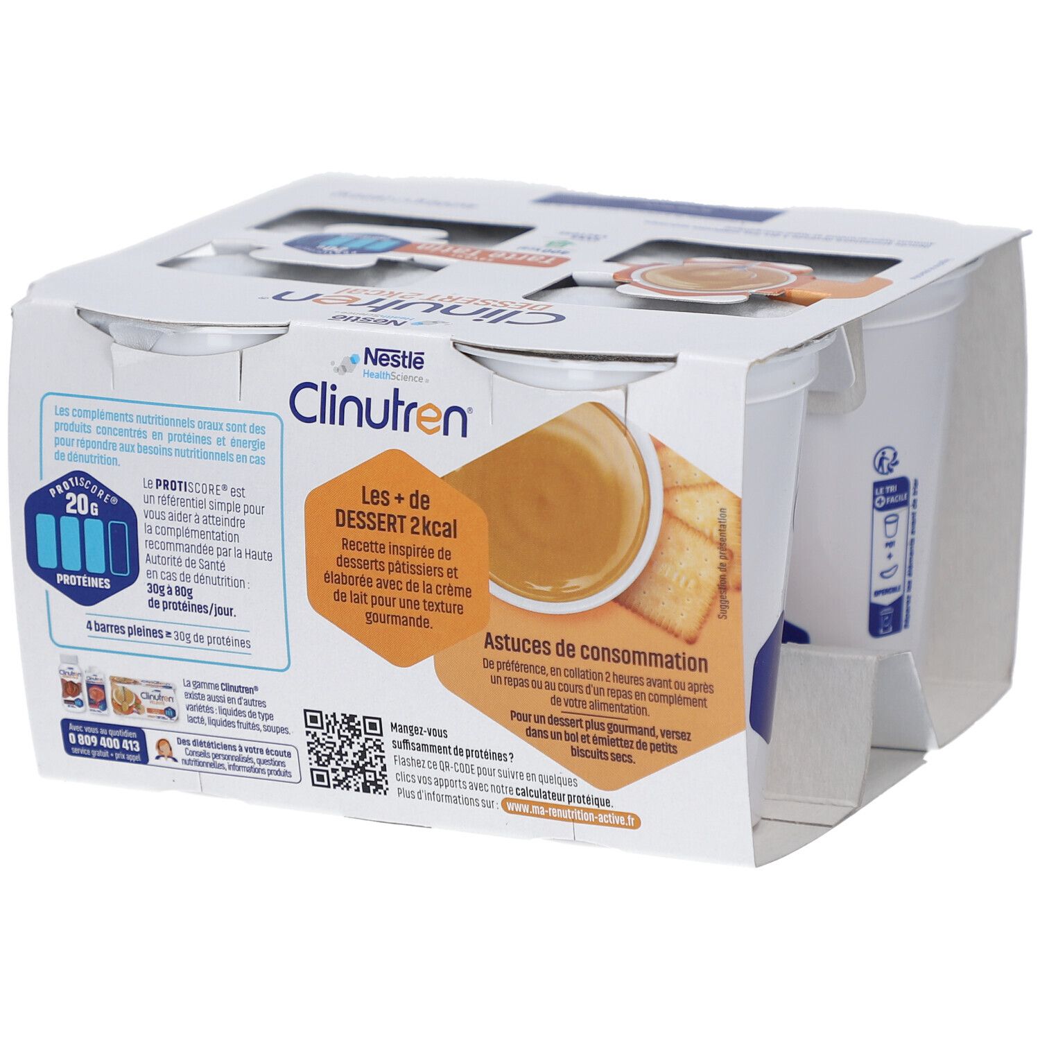 Emballage de quatre desserts Clinutren 2 kcal, saveur Tarte Tatin. Emballage avec informations produit et code QR.
