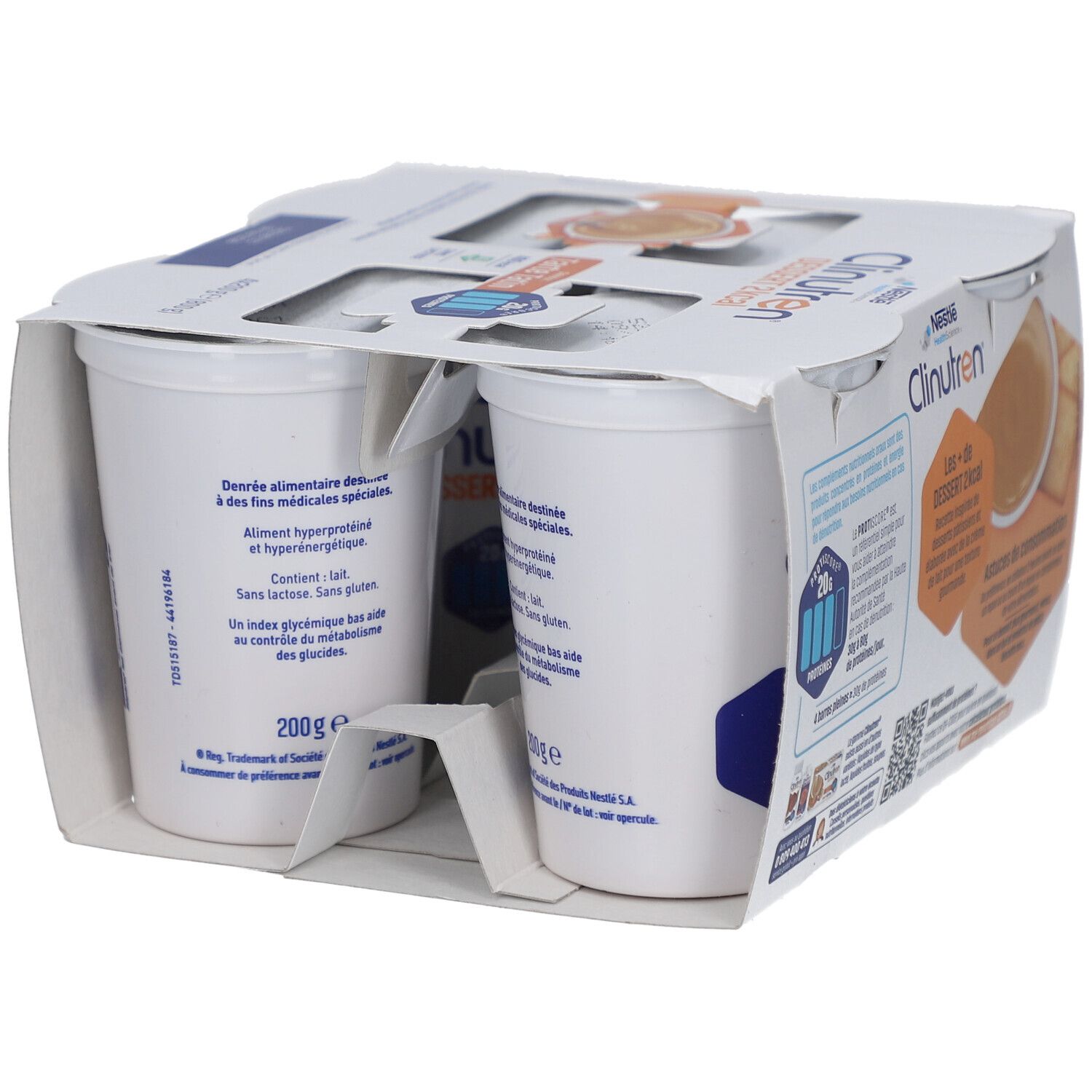 Emballage de quatre desserts Clinutren 2 kcal, saveur Tarte Tatin. Dos avec informations nutritionnelles et médicales.