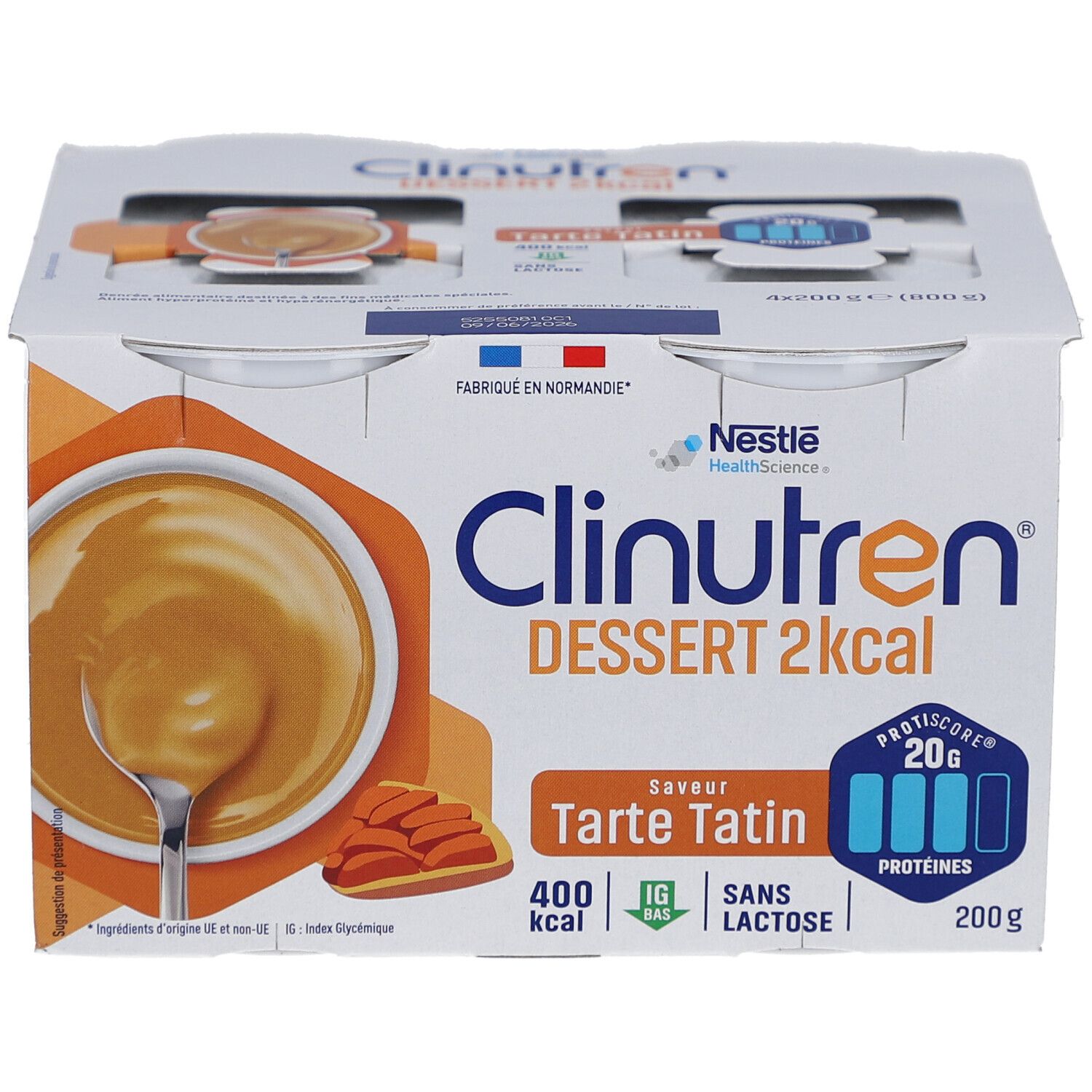 Emballage de quatre desserts Clinutren 2 kcal, saveur Tarte Tatin. Illustration du produit avec dessert et ingrédients.
