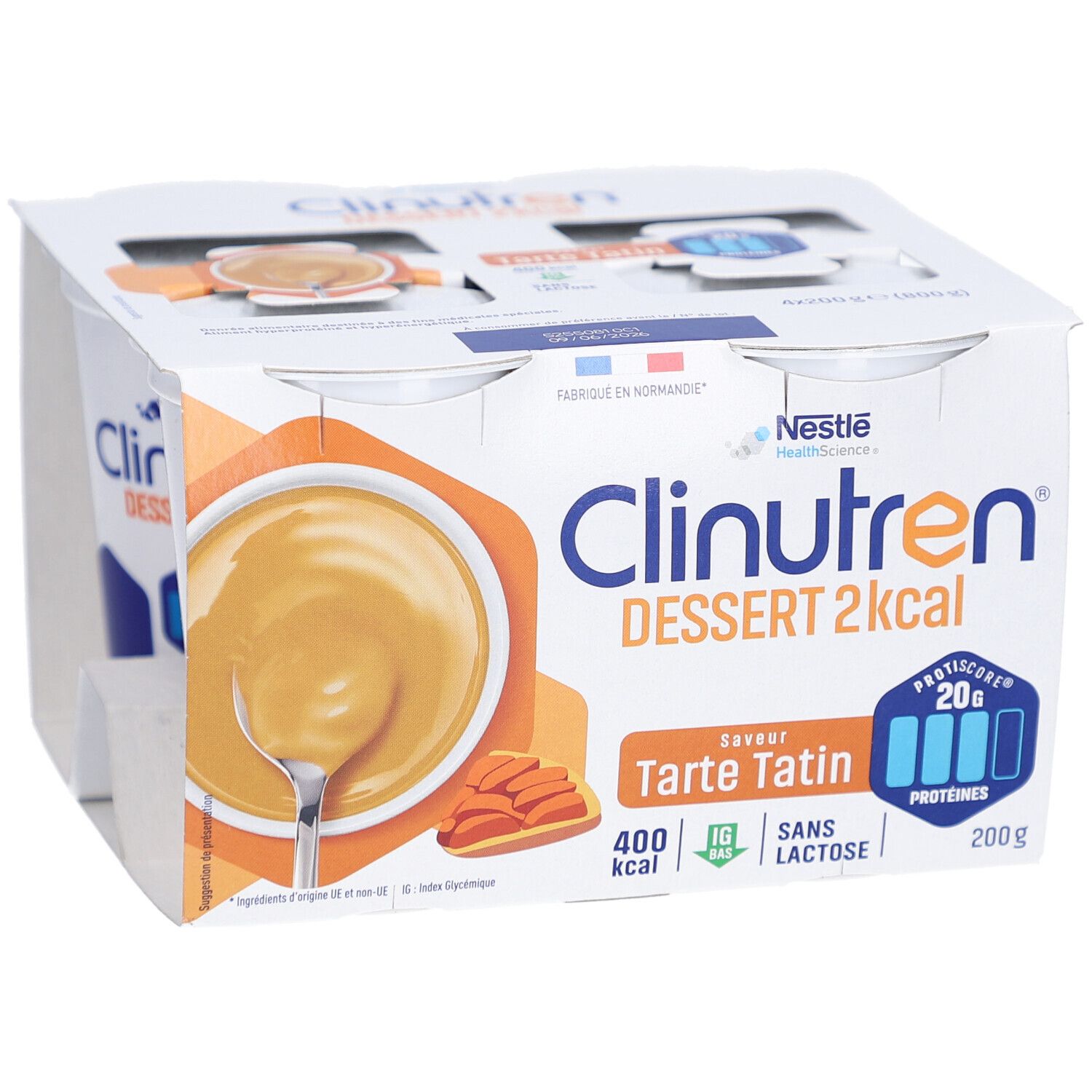 Emballage de quatre desserts Clinutren 2 kcal, saveur Tarte Tatin. Illustration du produit avec dessert et ingrédients.