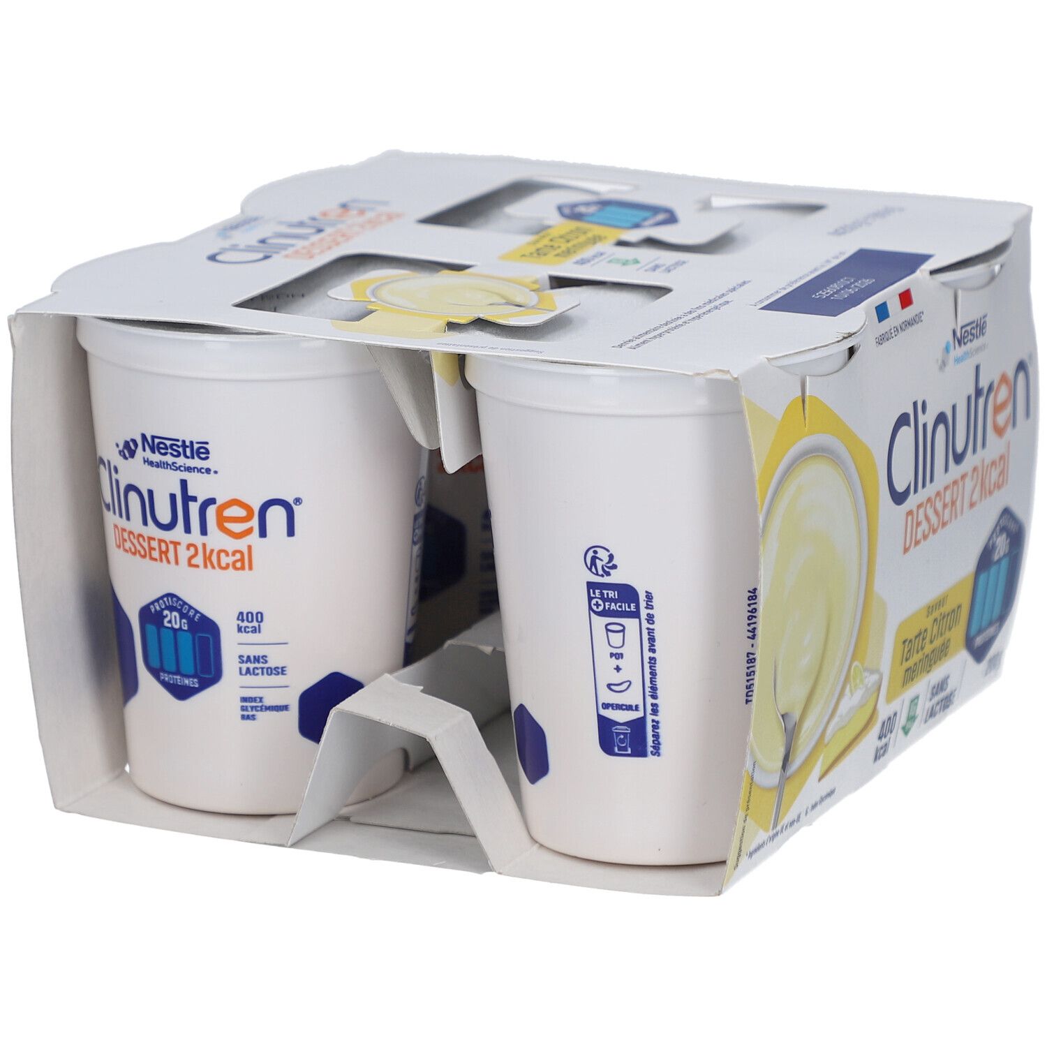 Emballage de quatre pots Clinutren Dessert 2kcal. Saveur Tarte Citron meringuée. Contient 20g de protéines. 400 kcal. Sans lactose.