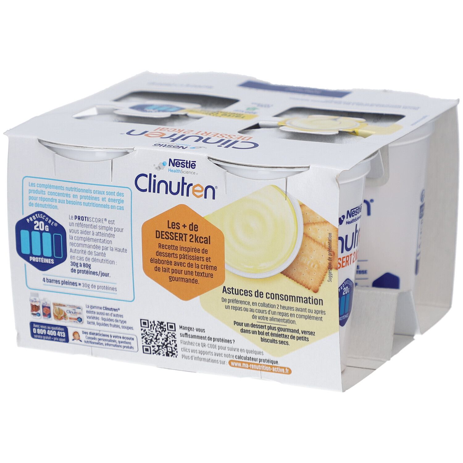 Emballage de quatre pots Clinutren Dessert 2kcal. Saveur Tarte Citron meringuée. Contient 20g de protéines. 400 kcal. Sans lactose.