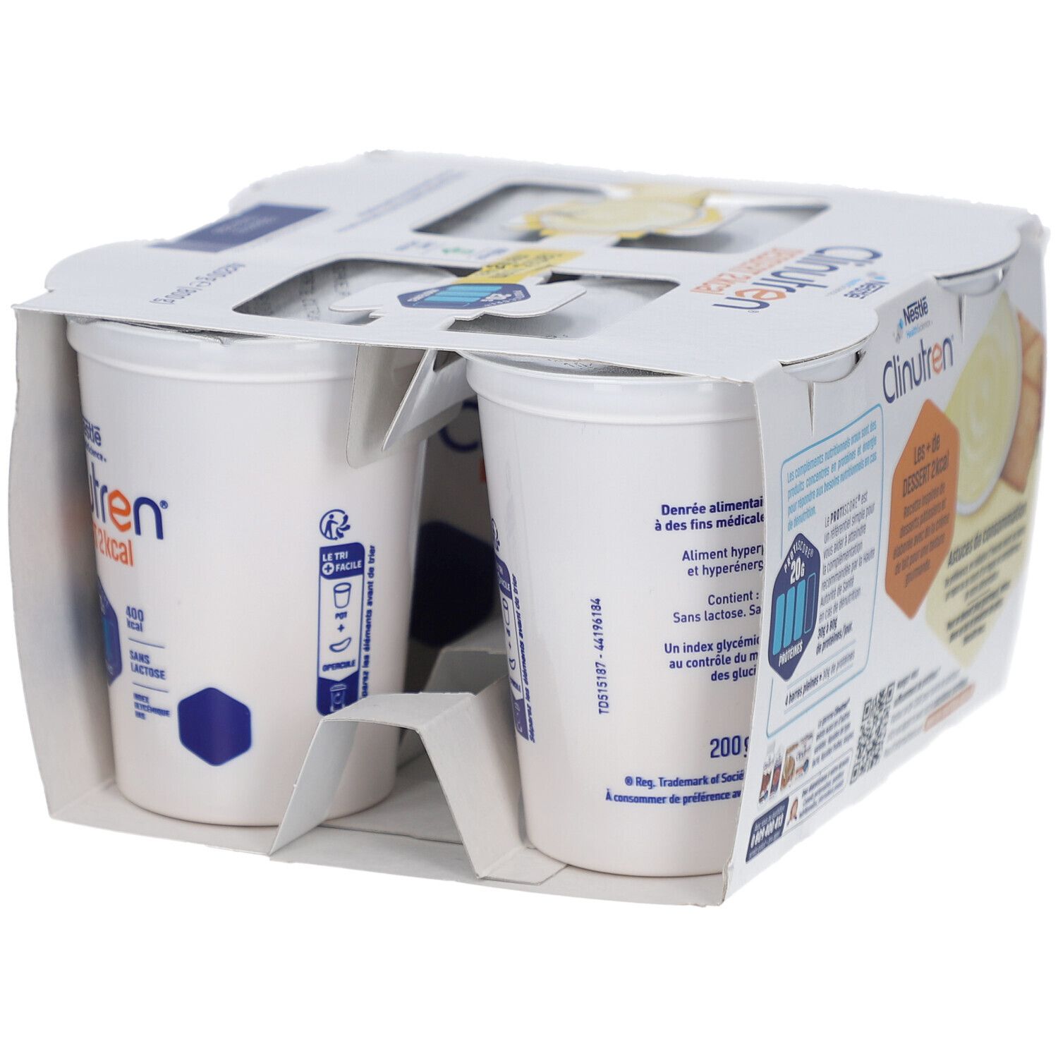 Emballage de quatre pots Clinutren Dessert 2kcal. Saveur Tarte Citron meringuée. Contient 20g de protéines. 400 kcal. Sans lactose.