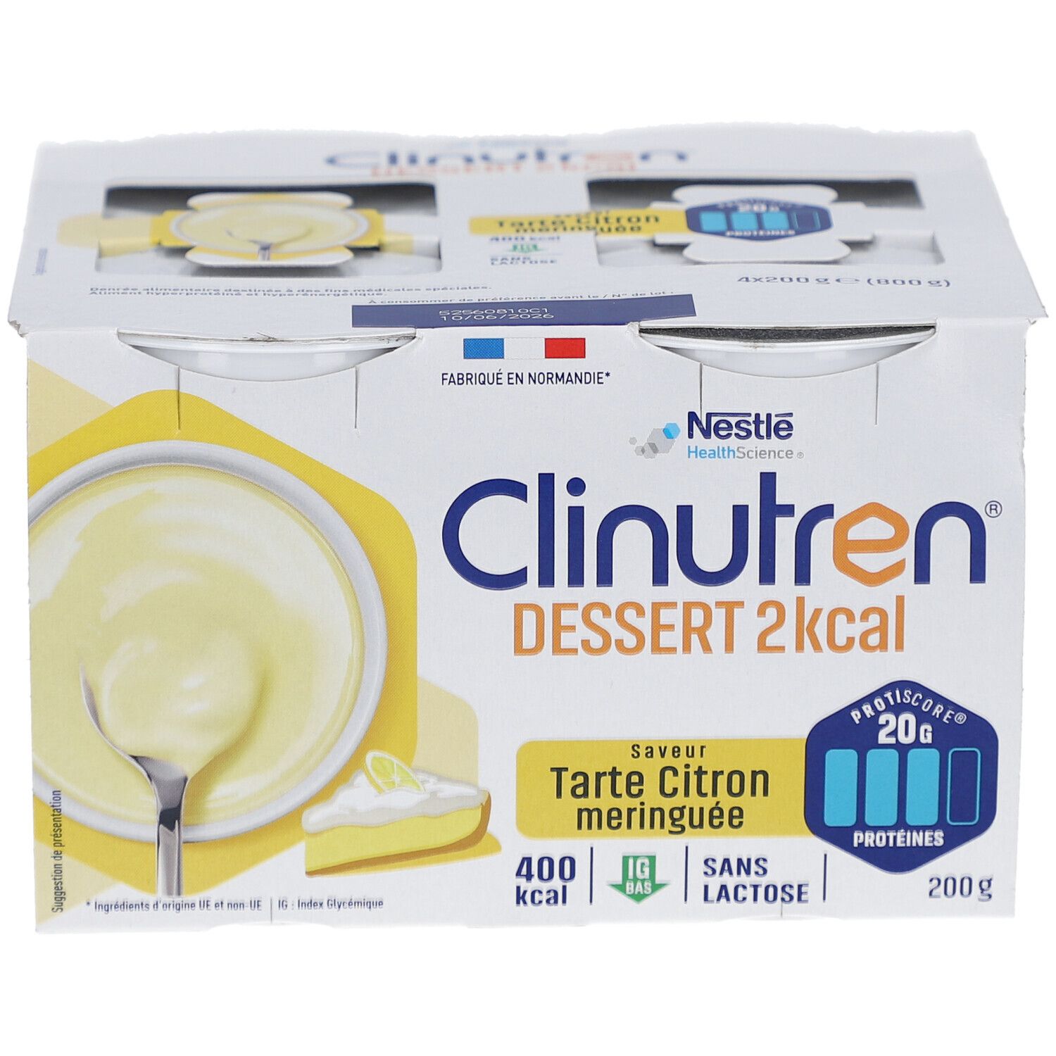 Emballage de quatre pots Clinutren Dessert 2kcal. Saveur Tarte Citron meringuée. Contient 20g de protéines. 400 kcal. Sans lactose.