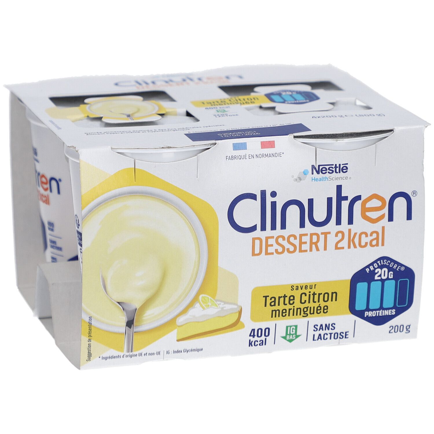 Emballage de quatre pots Clinutren Dessert 2kcal. Saveur Tarte Citron meringuée. Contient 20g de protéines. 400 kcal. Sans lactose.