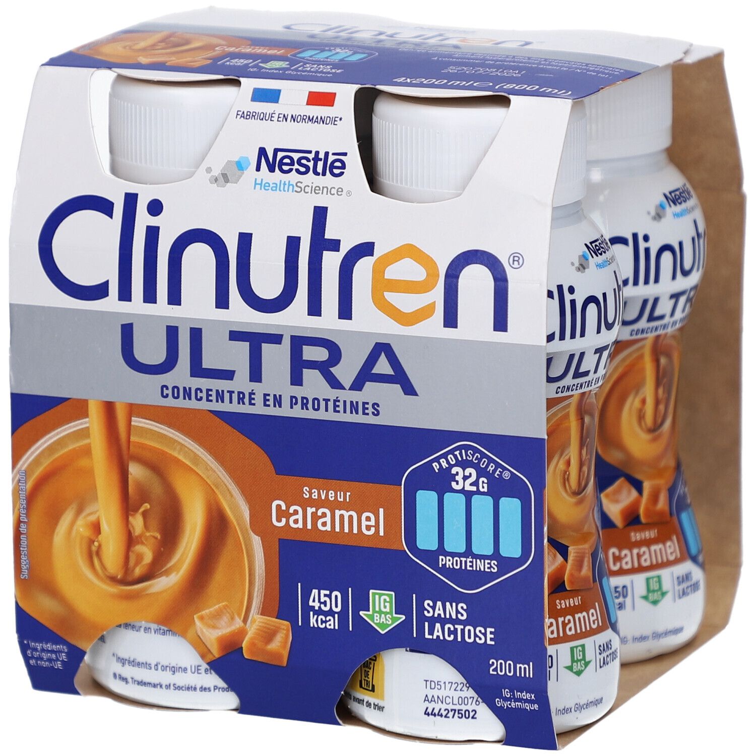 Emballage de quatre bouteilles Clinutren Ultra Caramel. Inscriptions: Nestle, protéines, 450 kcal, sans lactose. Visuel de caramel.