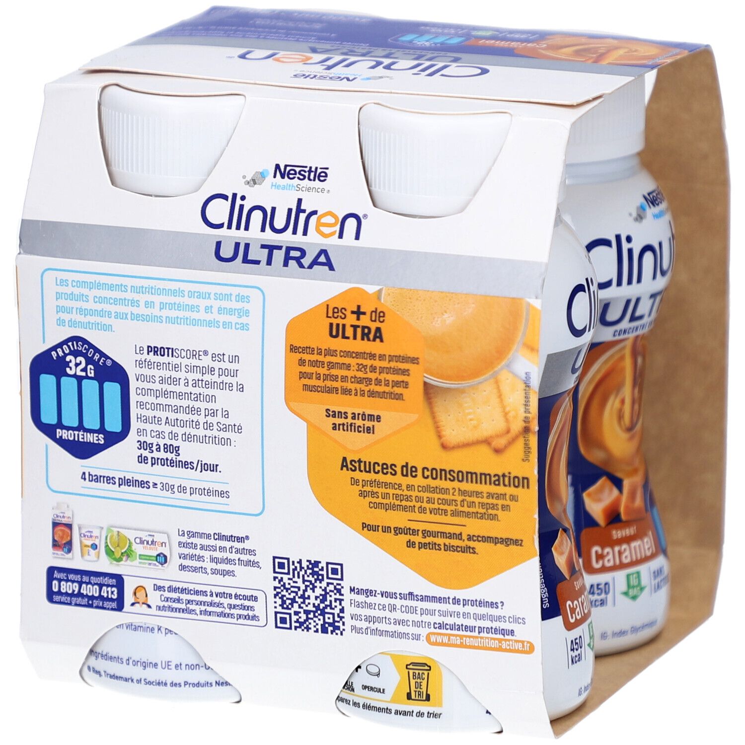 Dos de l'emballage de deux bouteilles Clinutren Ultra Caramel. Texte: protéines, sans arôme artificiel. Code QR.