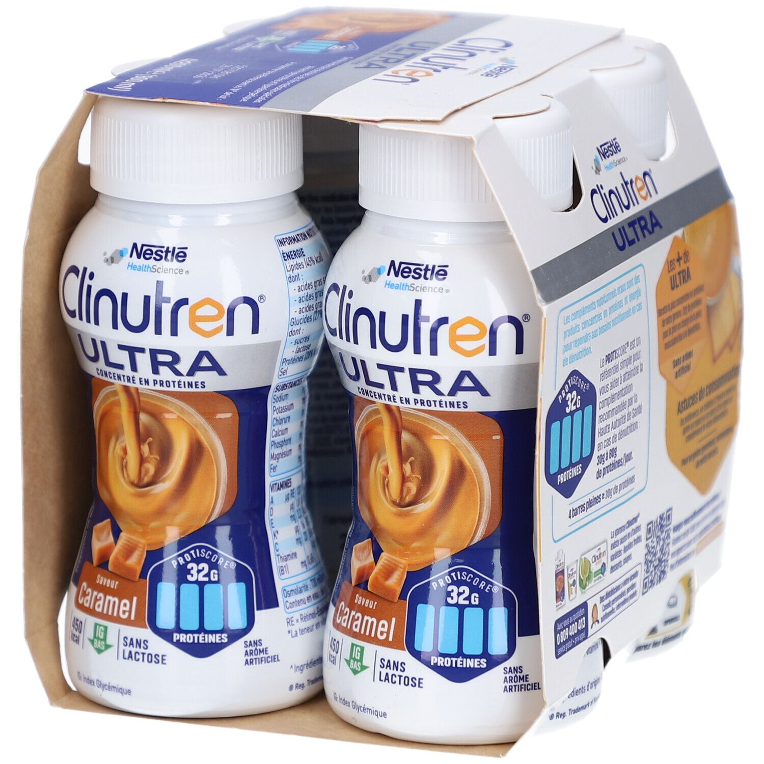 Emballage de deux bouteilles Clinutren Ultra Caramel. Inscriptions: Nestle, protéines, 450 kcal, sans lactose. Visuel de caramel.