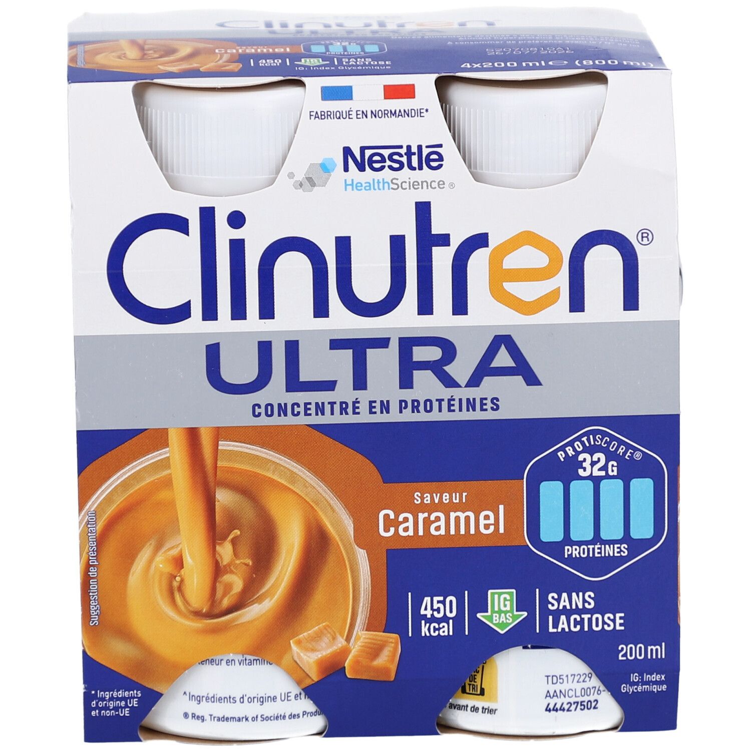Emballage de quatre bouteilles Clinutren Ultra Caramel. Inscriptions: Nestle, protéines, 450 kcal, sans lactose. Visuel de caramel.