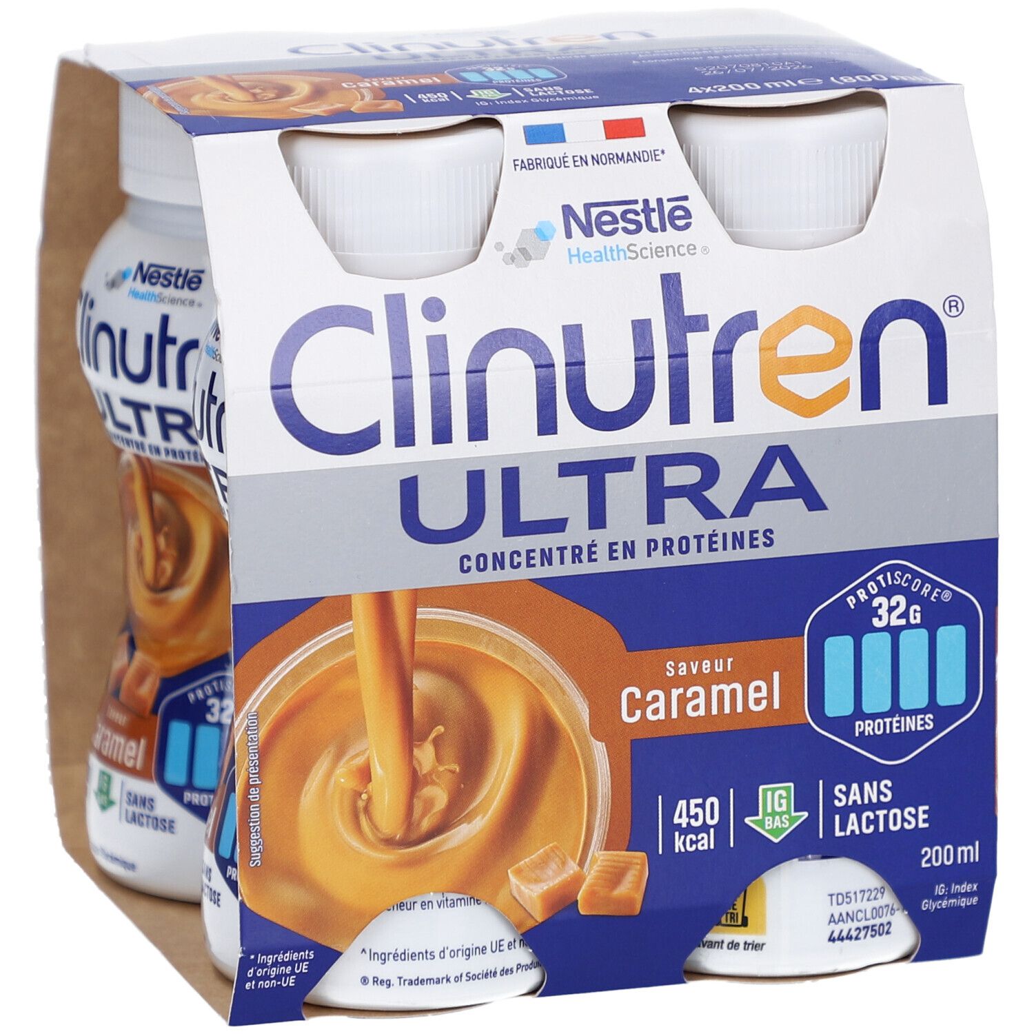 Emballage de quatre bouteilles Clinutren Ultra Caramel. Inscriptions: Nestle, protéines, 450 kcal, sans lactose. Visuel de caramel.