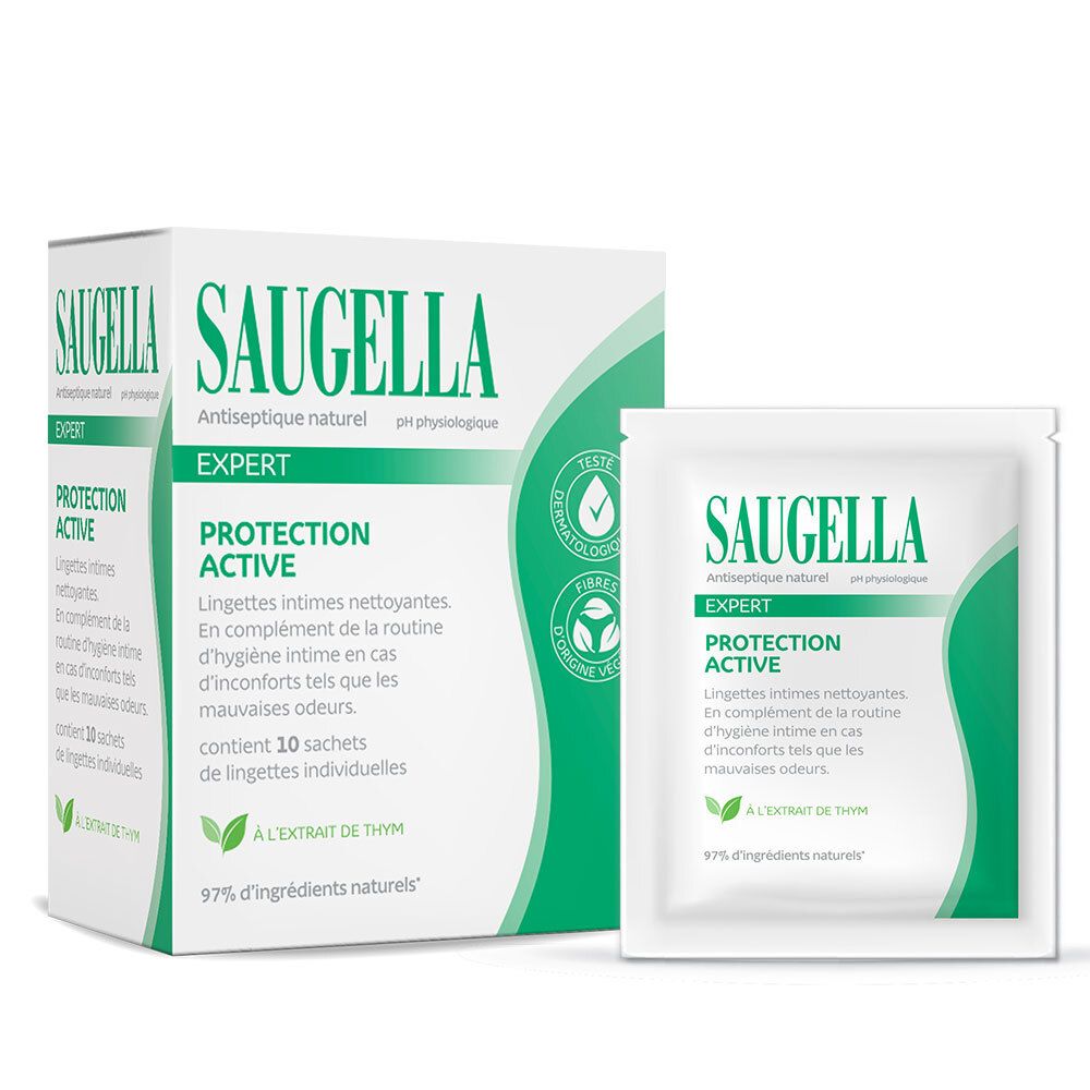 Boîte et sachet individuel. Inscription: Saugella Expert Protection Active. Sachet individuel avec lingette.