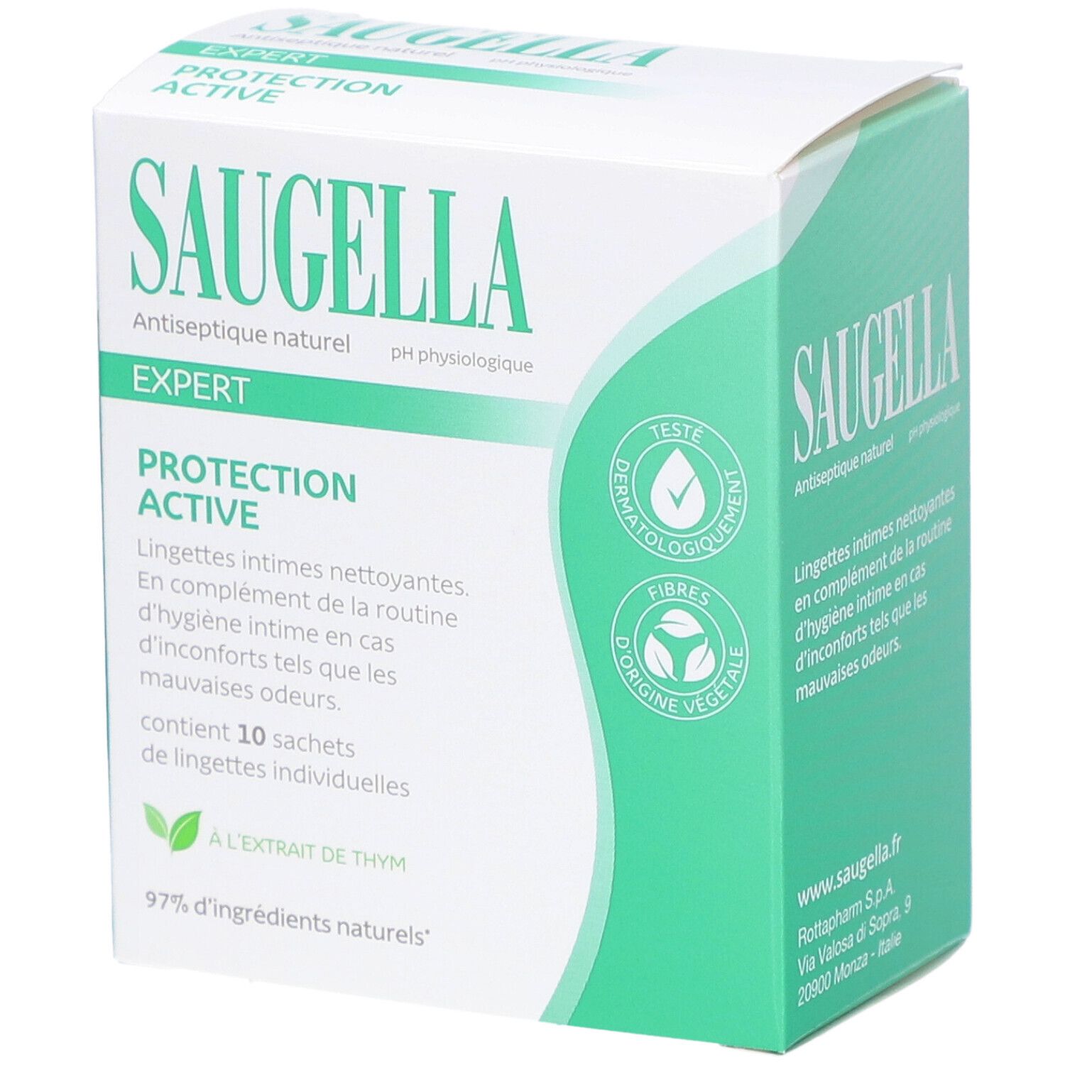 Boîte blanche et verte. Inscription SAUGELLA, EXPERT, PROTECTION ACTIVE. Contient 10 lingettes individuelles.