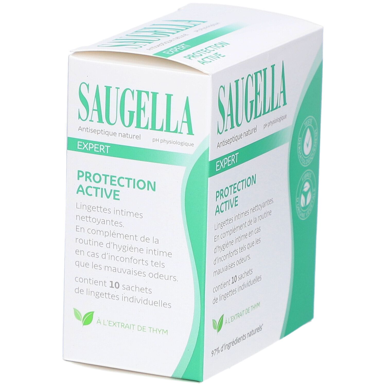 Boîte blanche et verte. Inscription SAUGELLA, EXPERT, PROTECTION ACTIVE. Contient 10 lingettes individuelles.