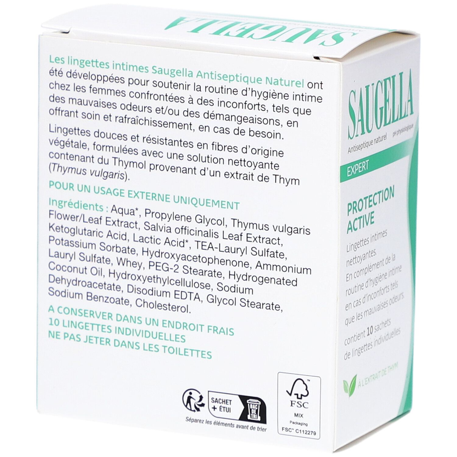 Boîte blanche avec texte et ingrédients. Inscription SAUGELLA. Certification FSC. 10 lingettes individuelles.