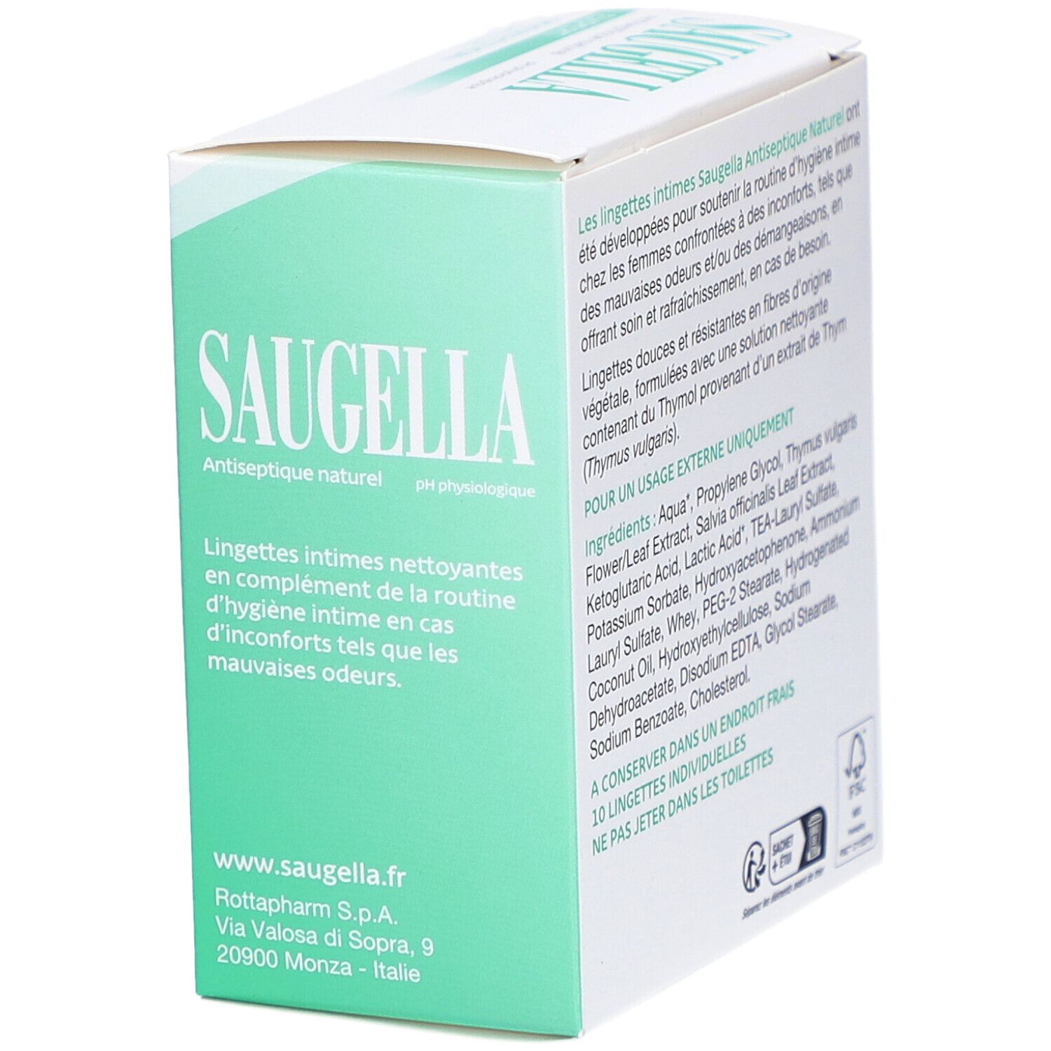 Boîte blanche avec texte et ingrédients. Inscription SAUGELLA. Certification FSC. 10 lingettes individuelles.
