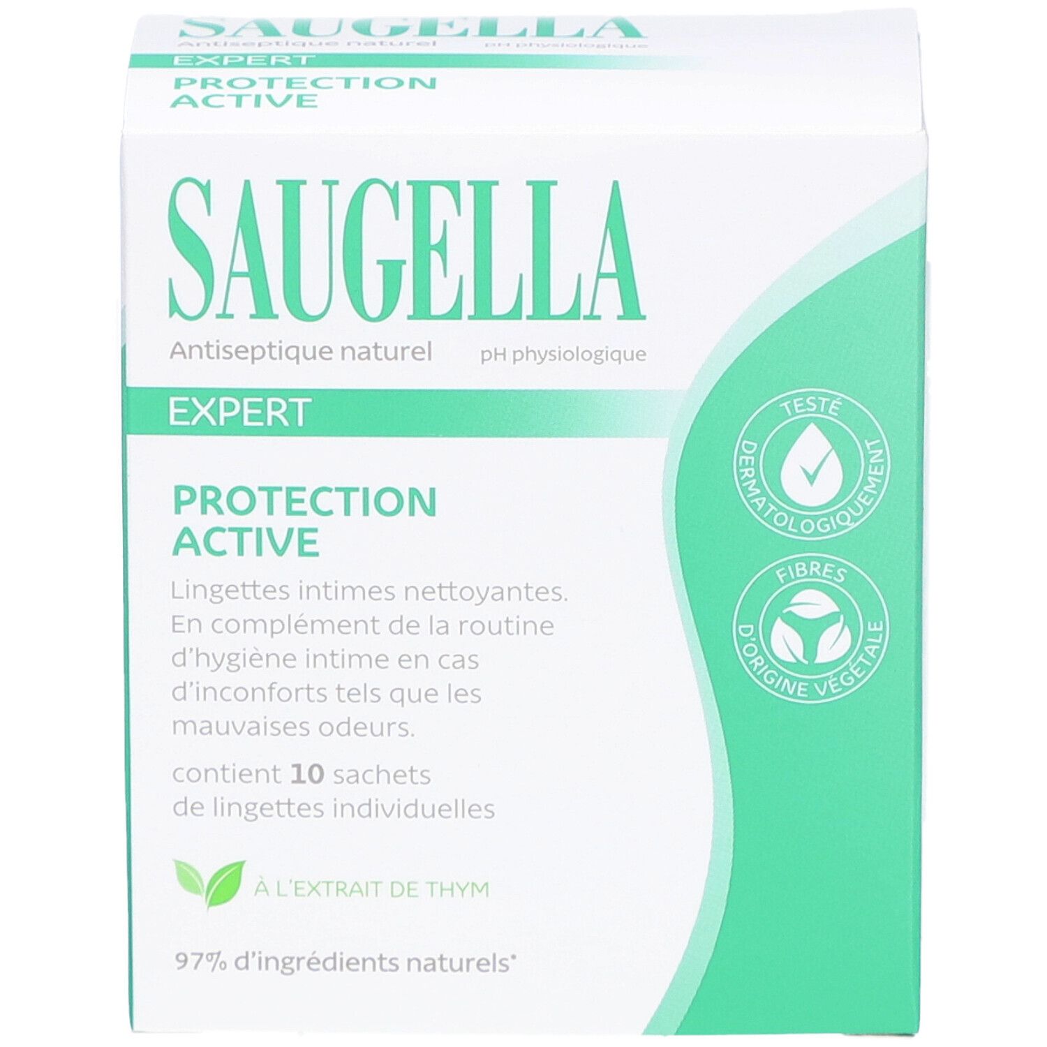 Boîte blanche et verte. Inscription SAUGELLA, EXPERT, PROTECTION ACTIVE. Contient 10 lingettes individuelles.