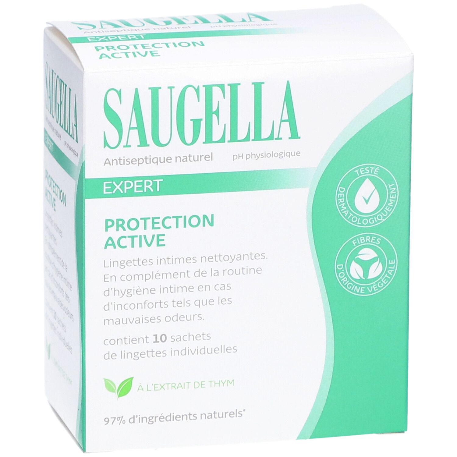 Boîte blanche et verte. Inscription SAUGELLA, EXPERT, PROTECTION ACTIVE. Contient 10 lingettes individuelles.