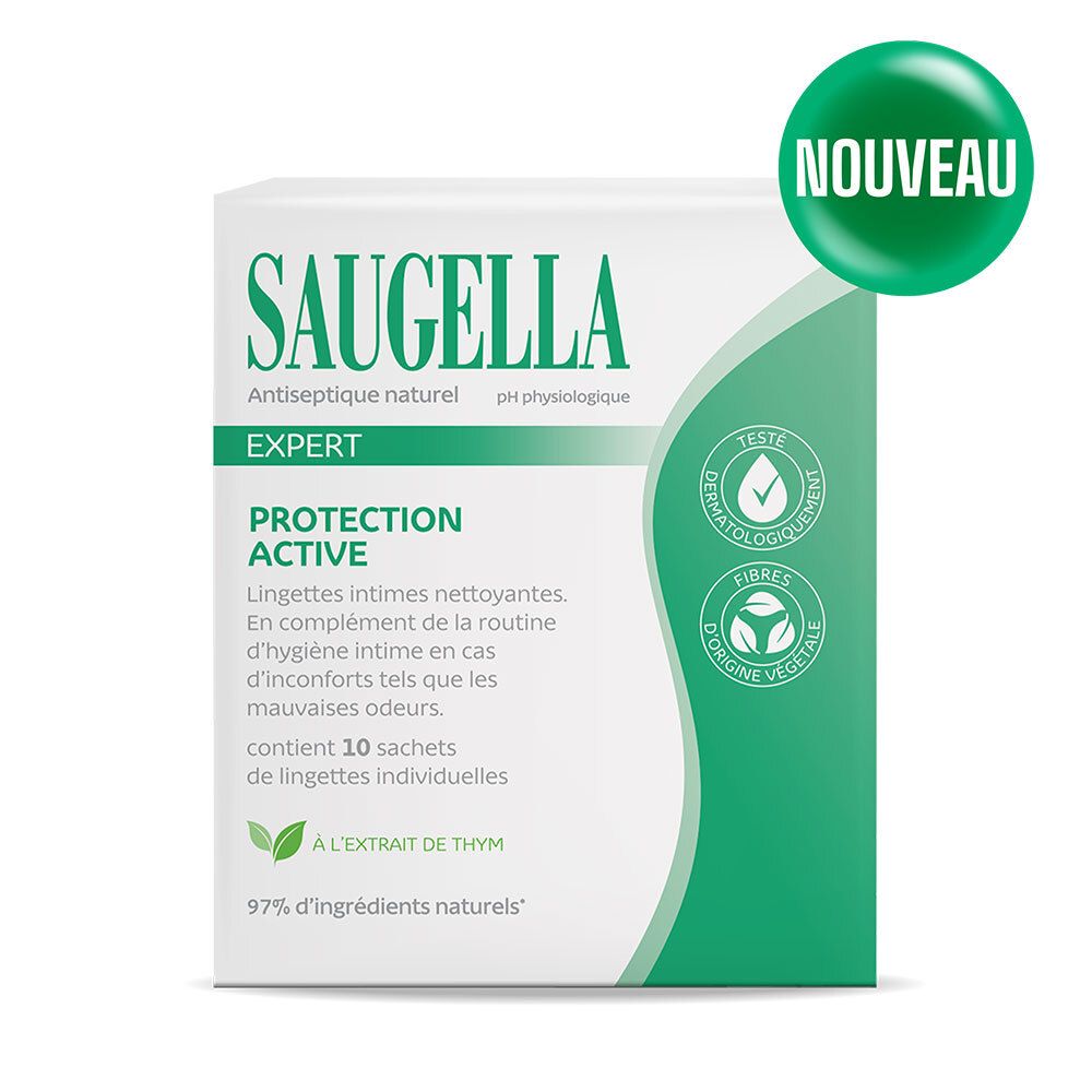 Boîte blanche avec accents verts. Inscription: Saugella Expert Protection Active. Avec sceaux et 'Nouveau'.