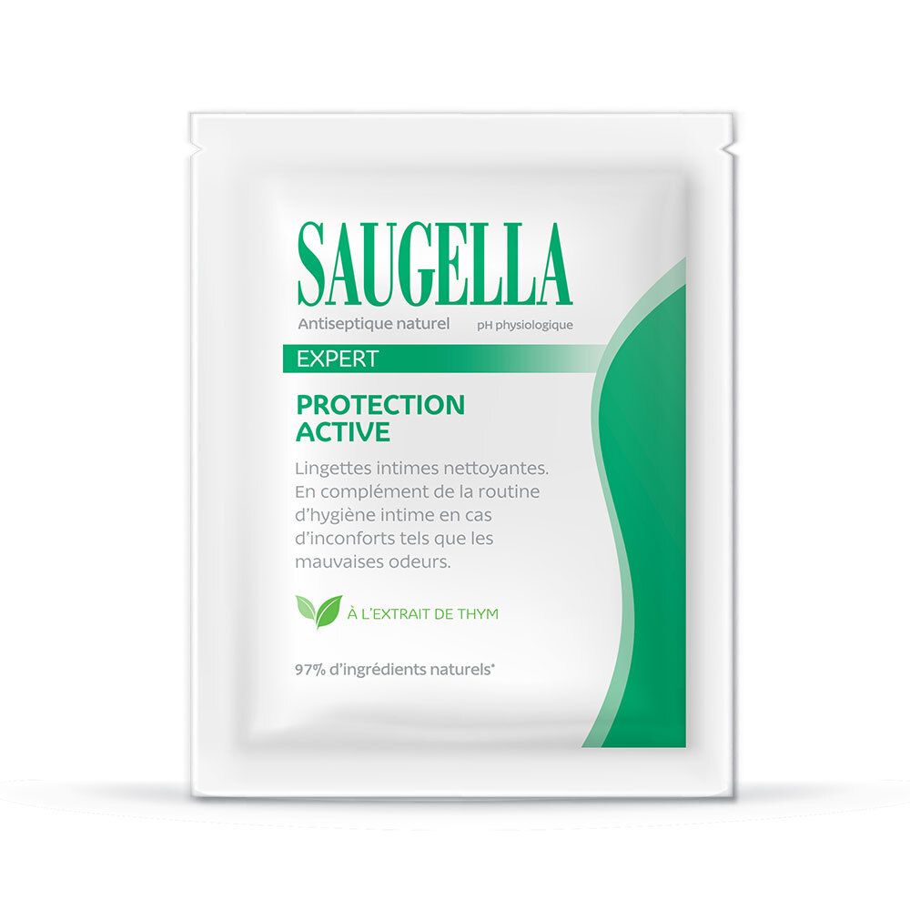 Sachet individuel. Inscription: Saugella Expert Protection Active. Avec accents verts et texte.