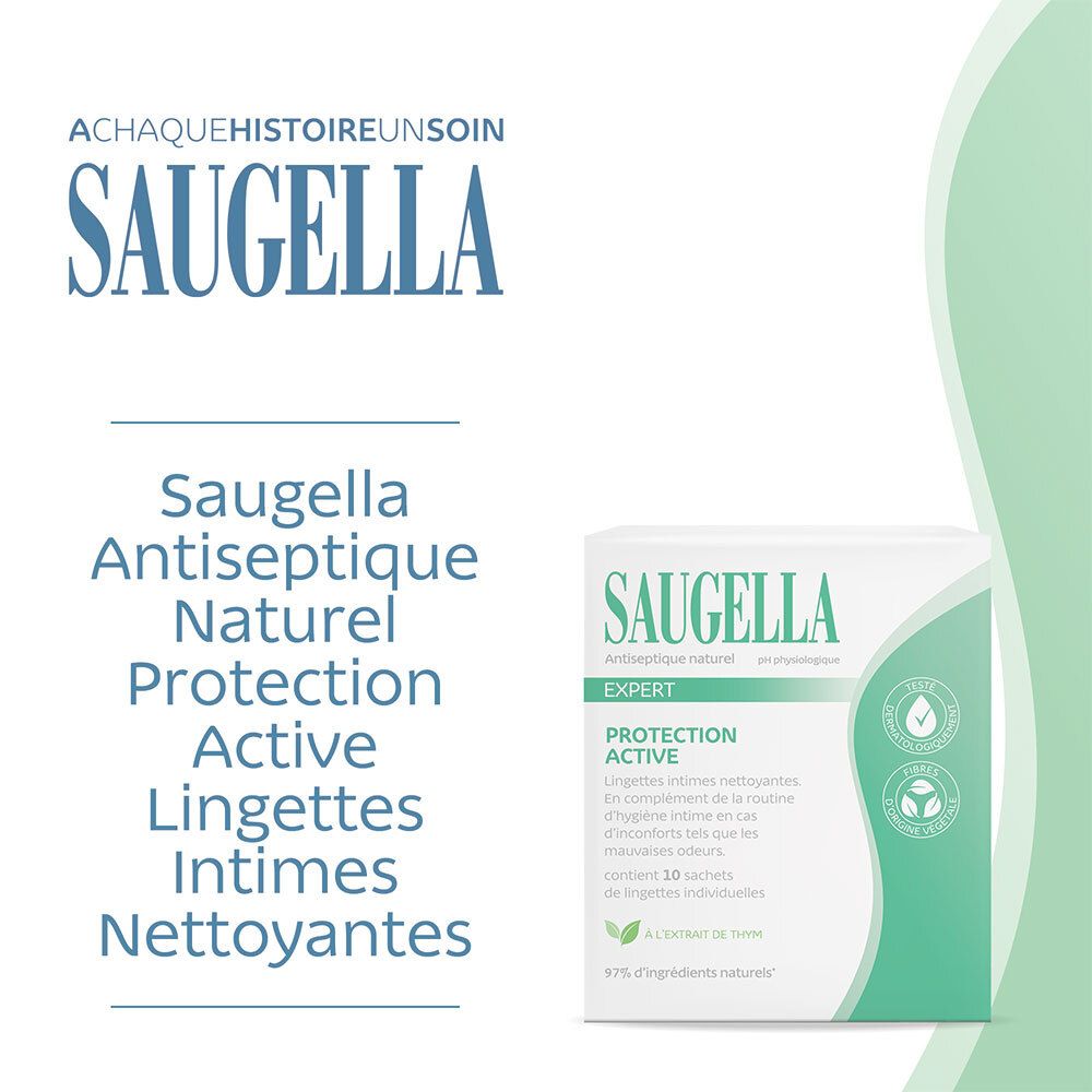 Visuel publicitaire. Produit Saugella et texte. Inscription: Saugella Antiseptique Naturel Protection Active.