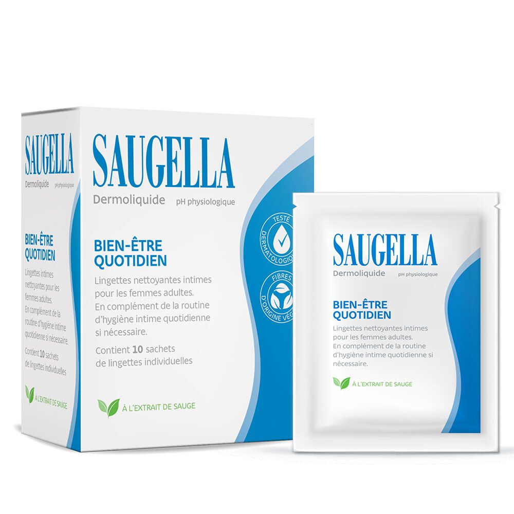 SAUGELLA Dermoliquide. Boîte et sachet individuel. Lingettes intimes pour femmes. Extrait de sauge.