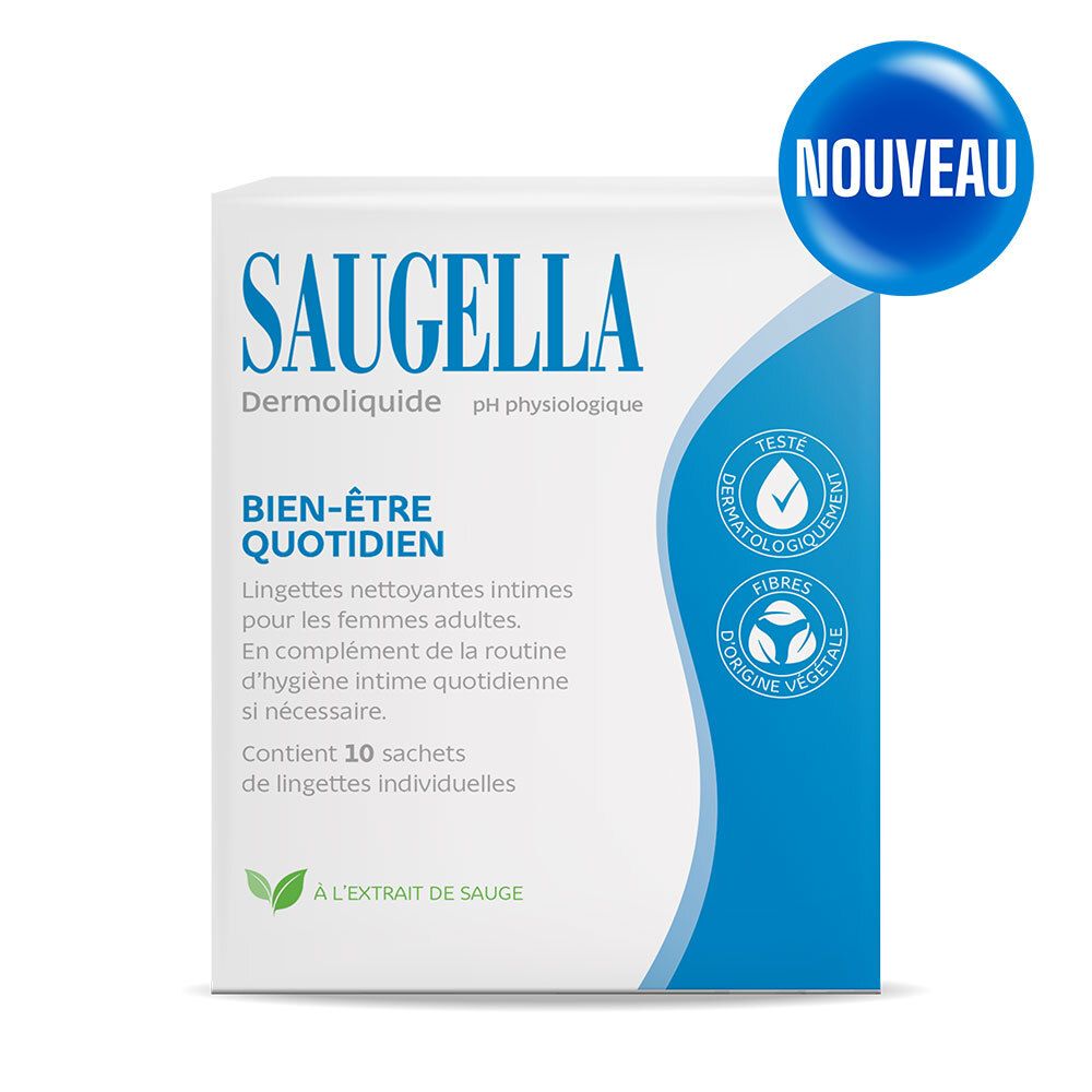 SAUGELLA Dermoliquide. Boîte de lingettes intimes. Pour femmes. Testé dermatologiquement.