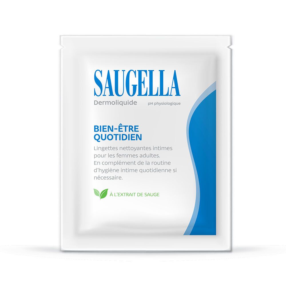 SAUGELLA Dermoliquide. Sachet individuel. Lingette intime pour femmes. Extrait de sauge.