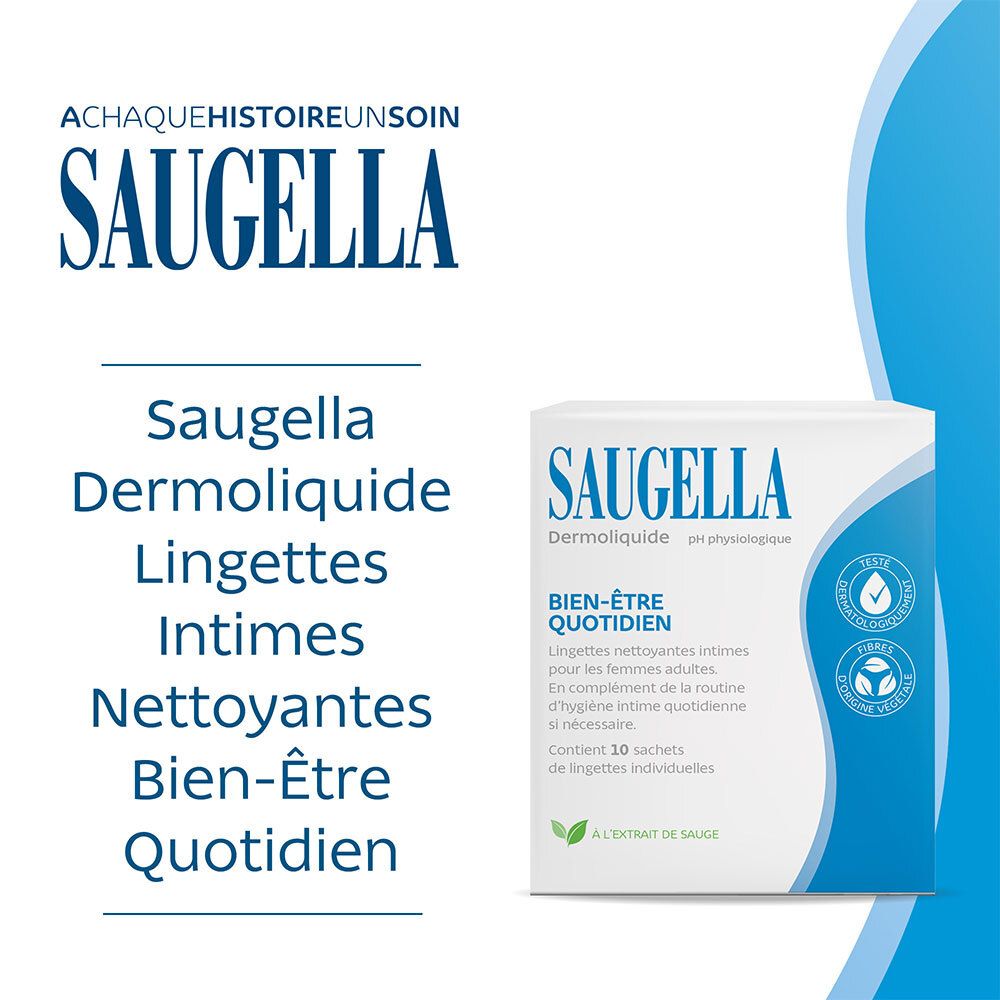 SAUGELLA Dermoliquide. Description du produit avec boîte. Lingettes intimes. Pour femmes. Texte.