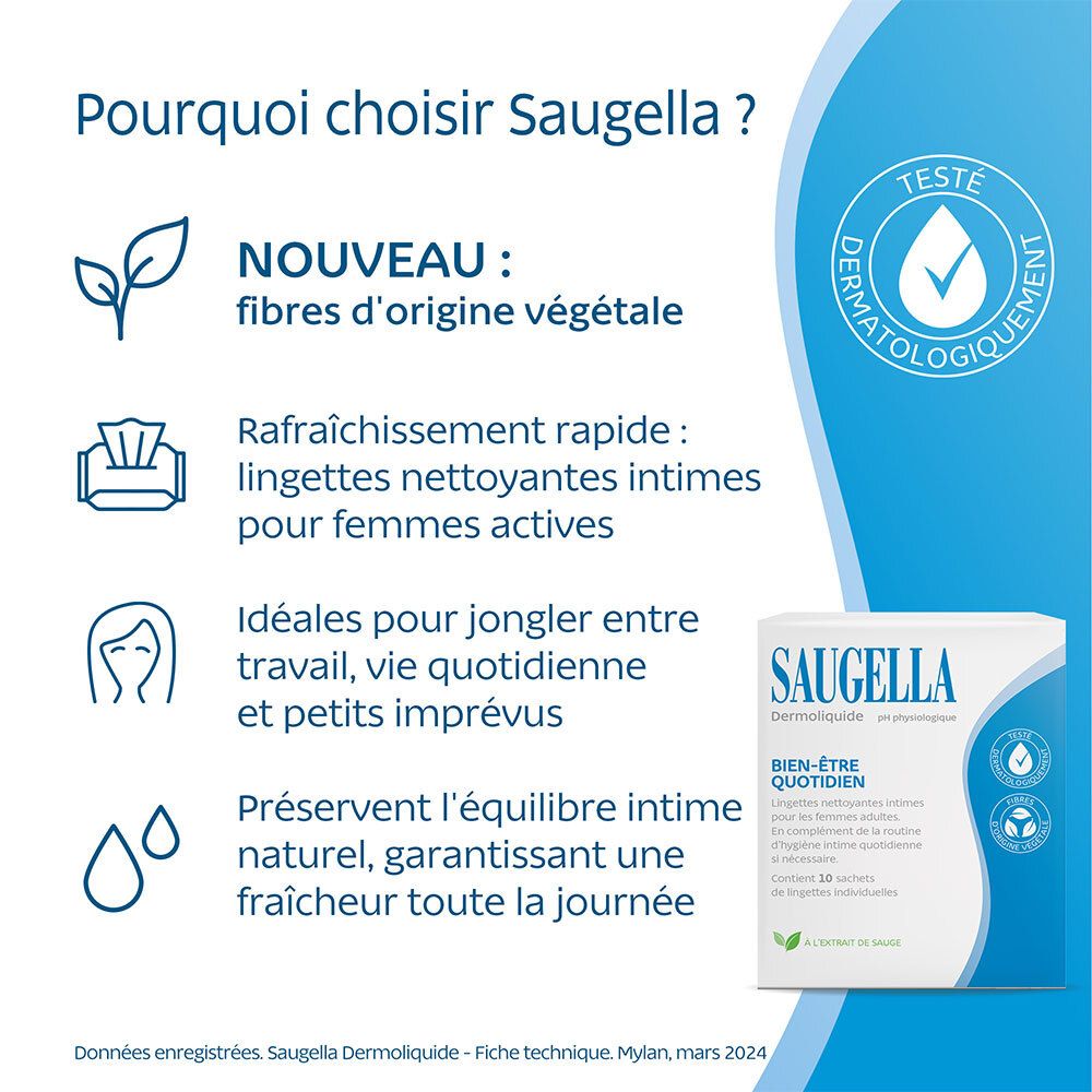 SAUGELLA. Informations produit. Lingettes intimes. Pour femmes. Nouveau : fibres végétales. Avantages.