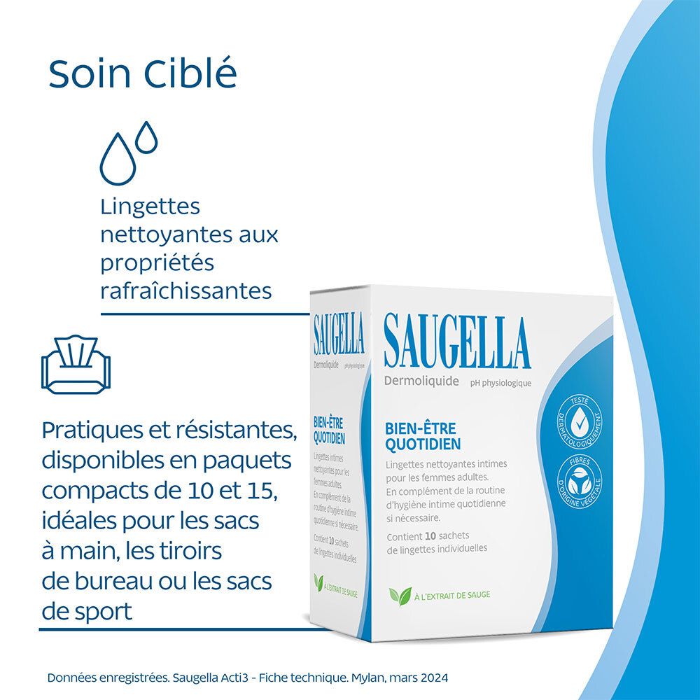 SAUGELLA. Informations produit. Lingettes intimes. Pour femmes. Paquets pratiques.