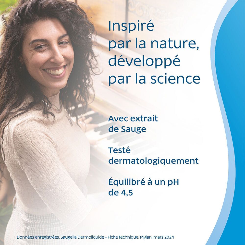 Femme au piano. Texte : Inspiré par la nature, développé par la science. Avec extrait de sauge.