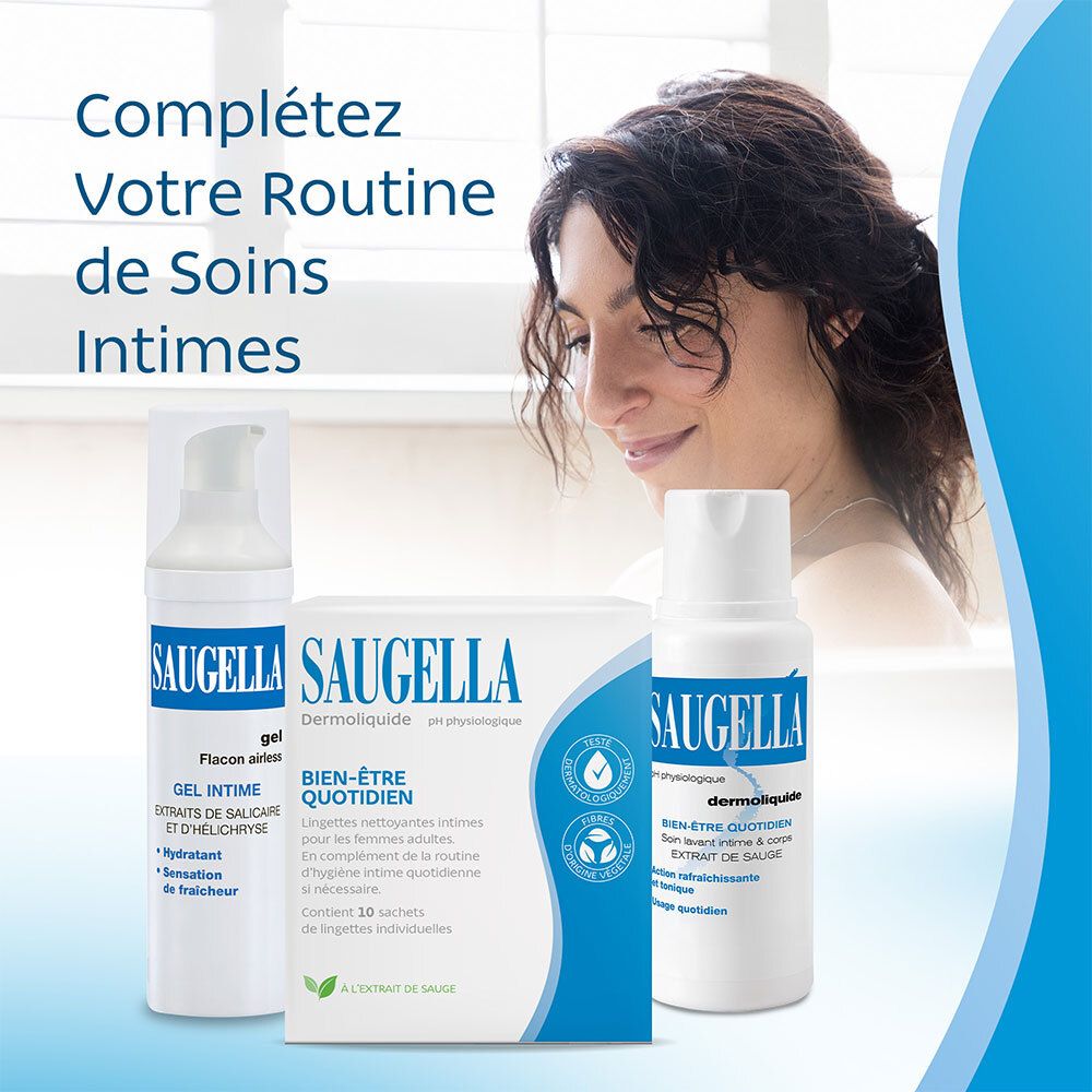 Produits SAUGELLA. Lingettes, gel et lotion lavante. Pour l'hygiène intime quotidienne.
